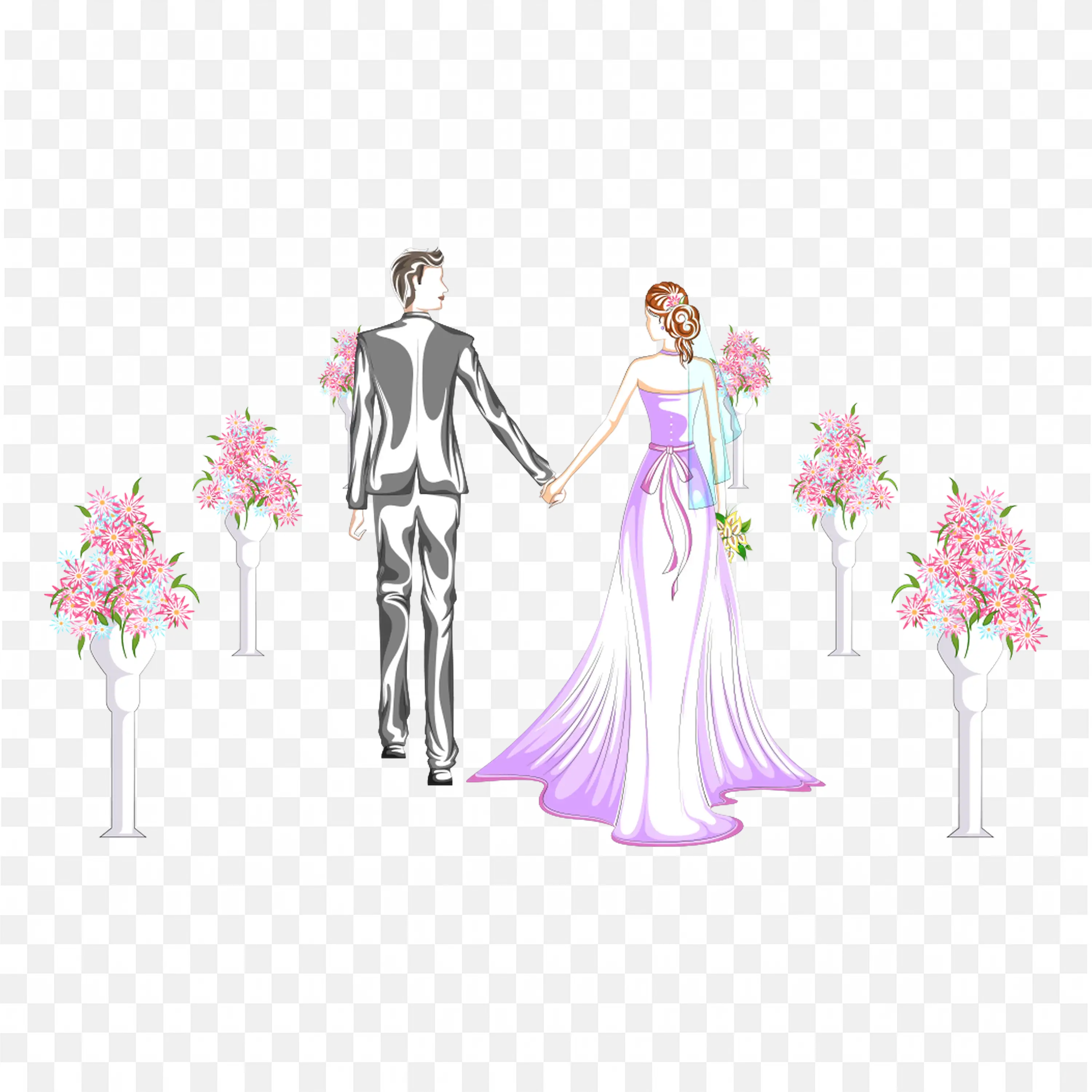 Bride and Groom Walking Aisle Romantic Wedding Illustration
