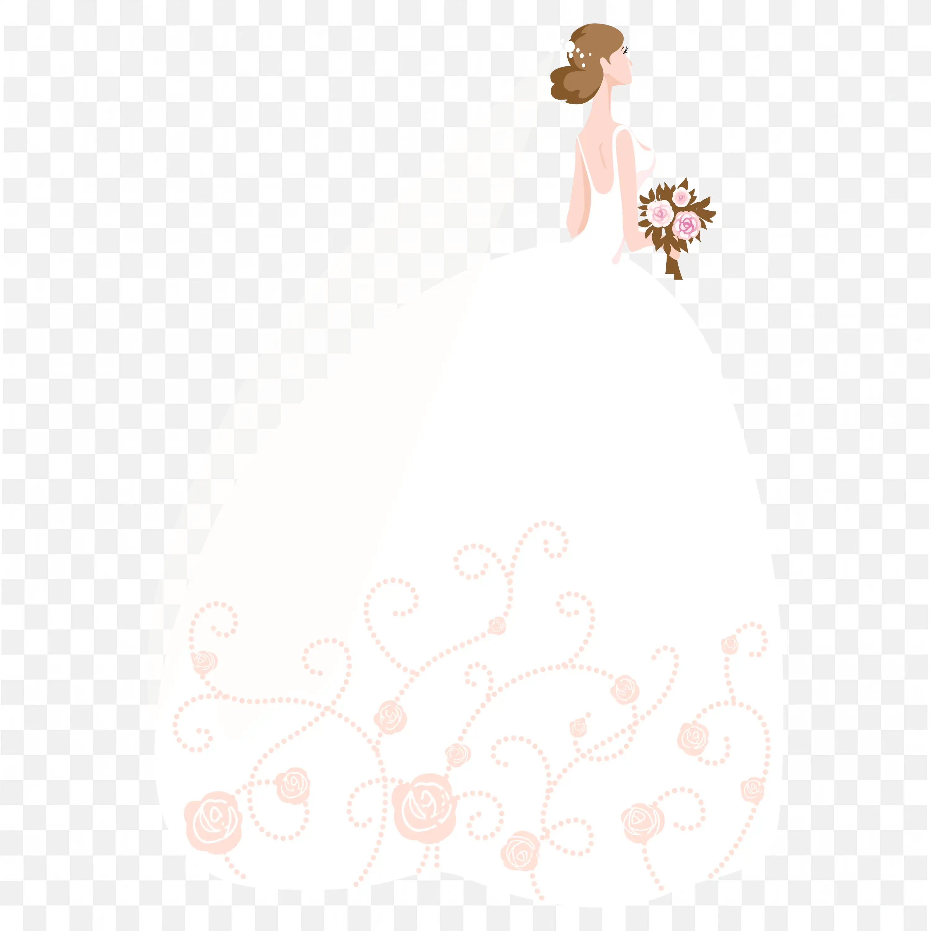 Bride Holding Bouquet Above Pink Floral Border Wedding Clip Art