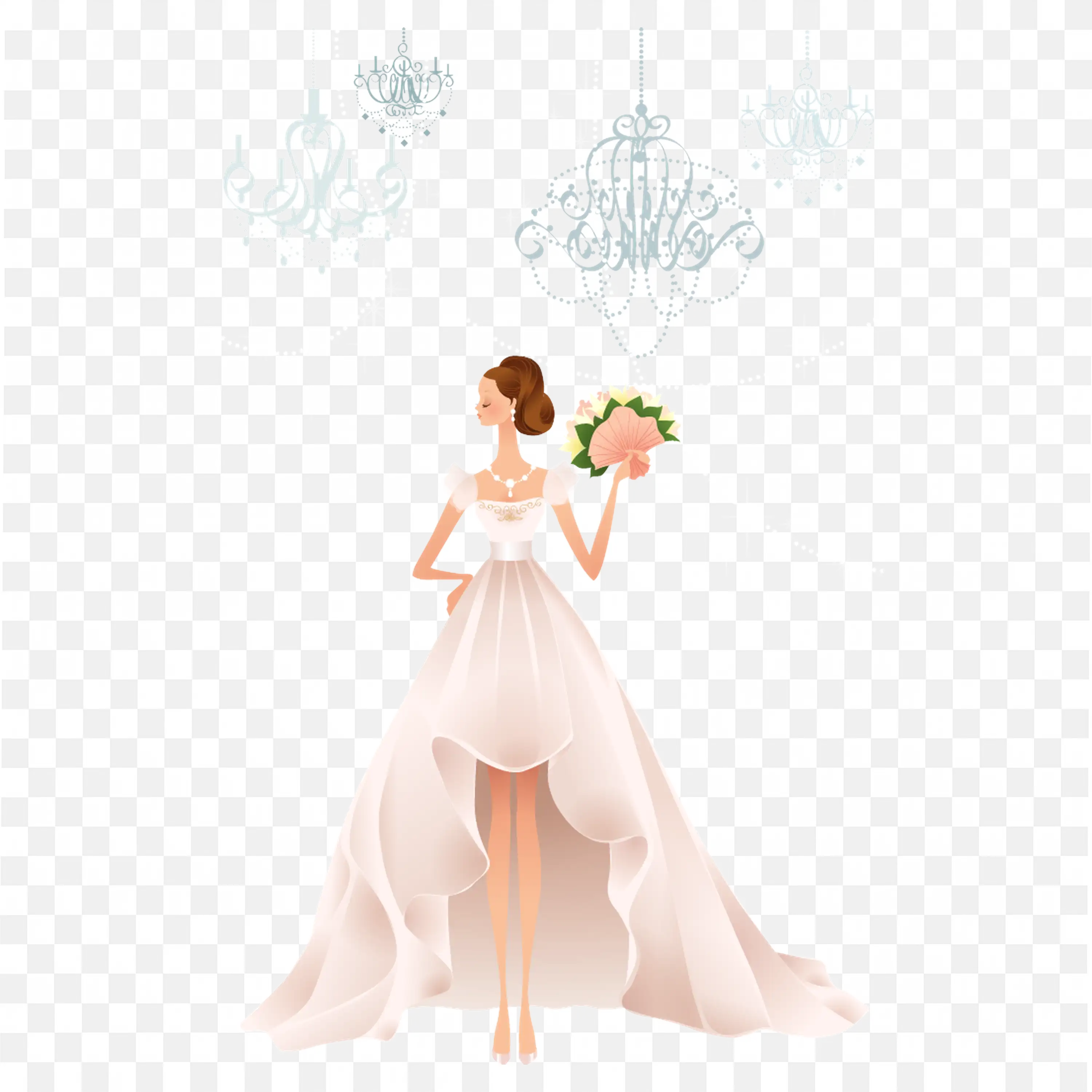 Bride in Wedding Dress Holding Bouquet with Chandeliers Behind Art