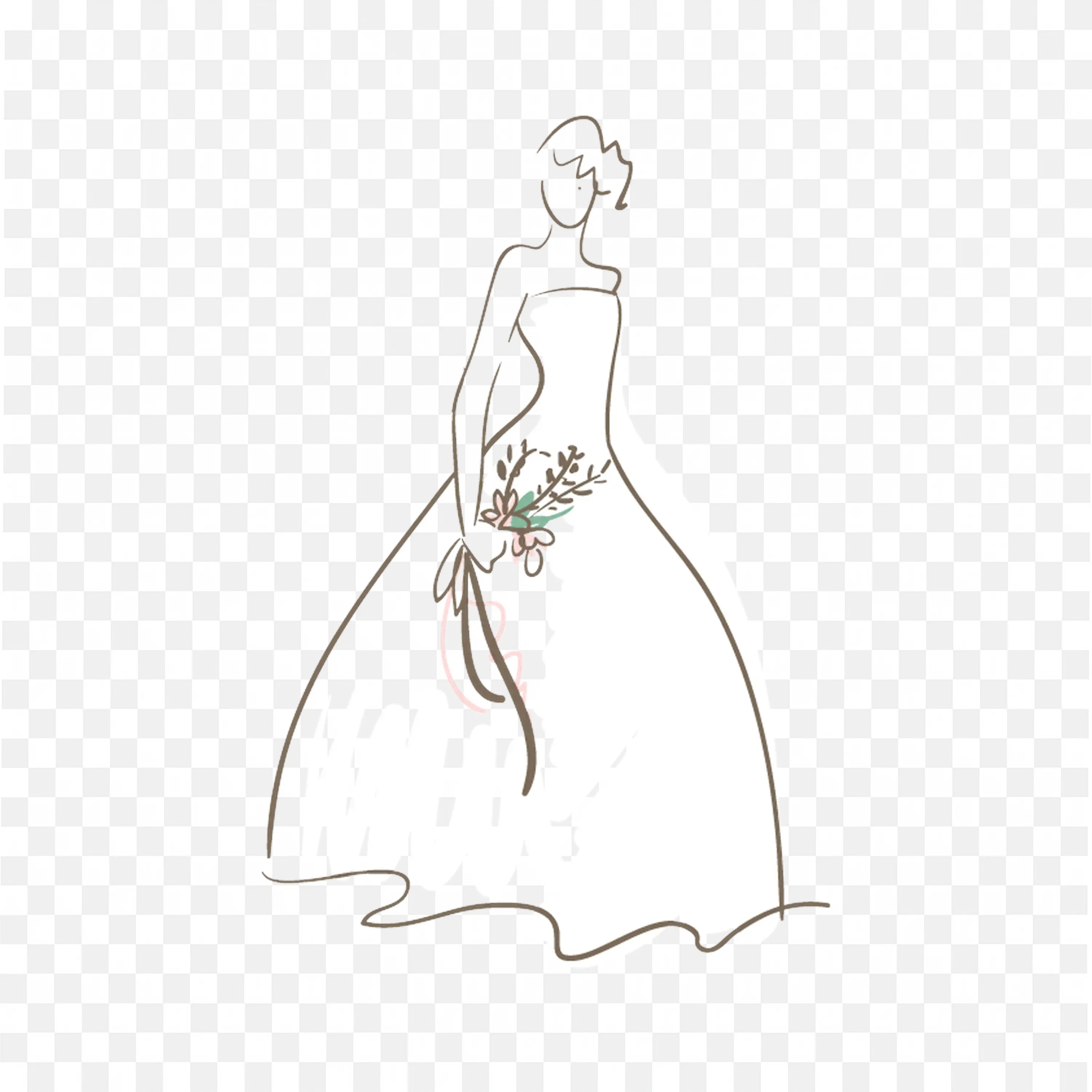 Bride Drawing in Wedding Dress Holding Bouquet Illustration