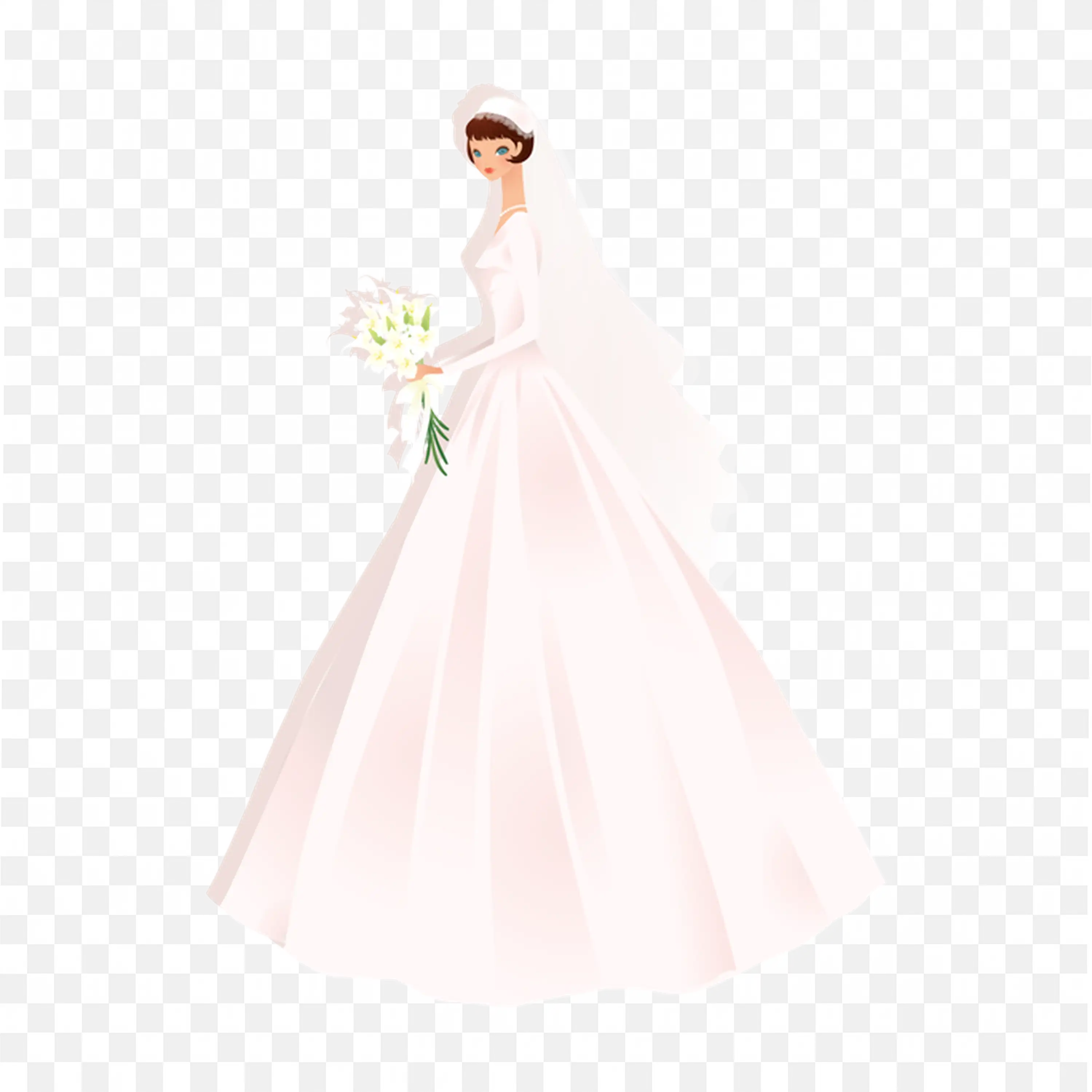 Bride in White Dress Elegant Wedding Bouquet Illustration