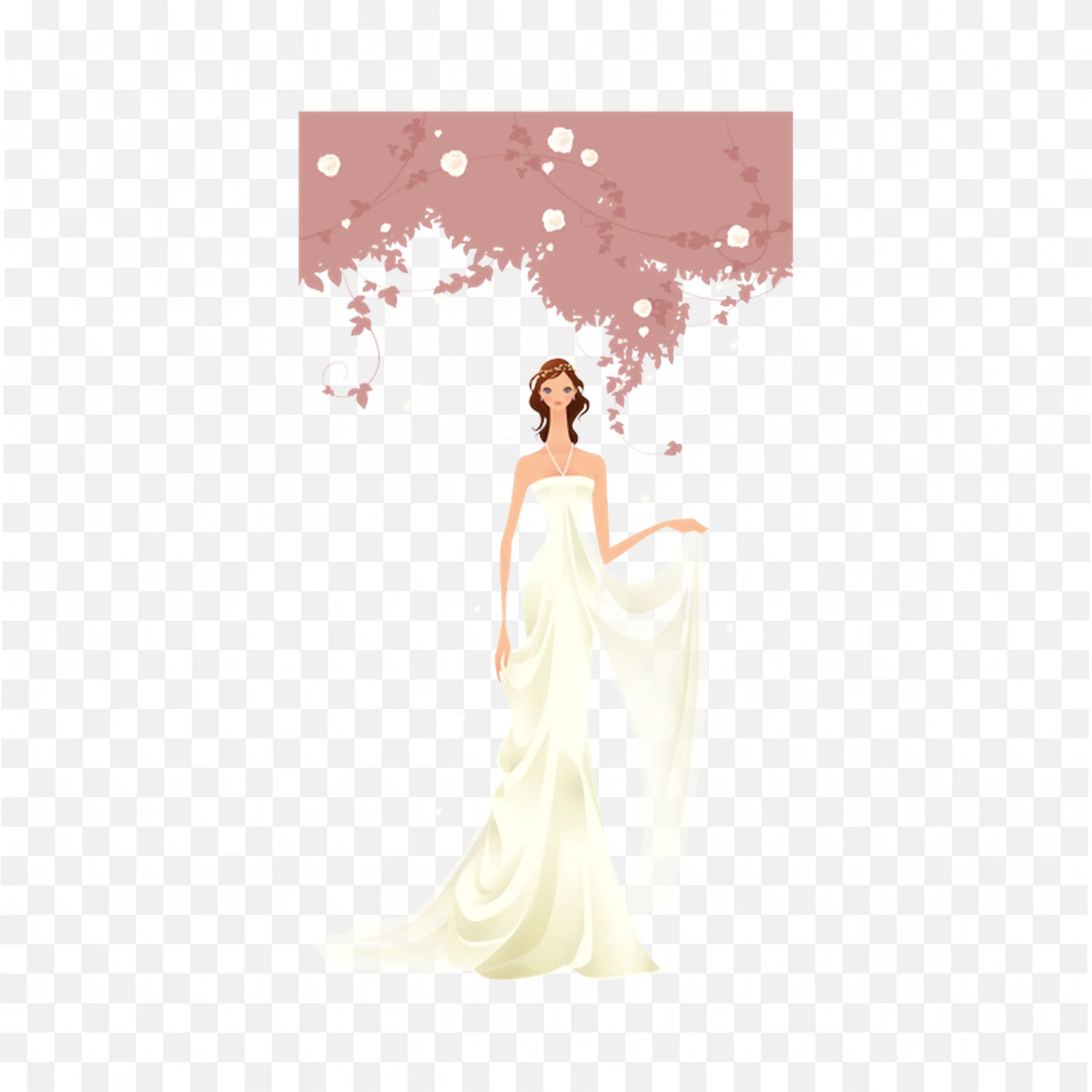 Bride in White Dress Floral Arch and Blossoms Illustration