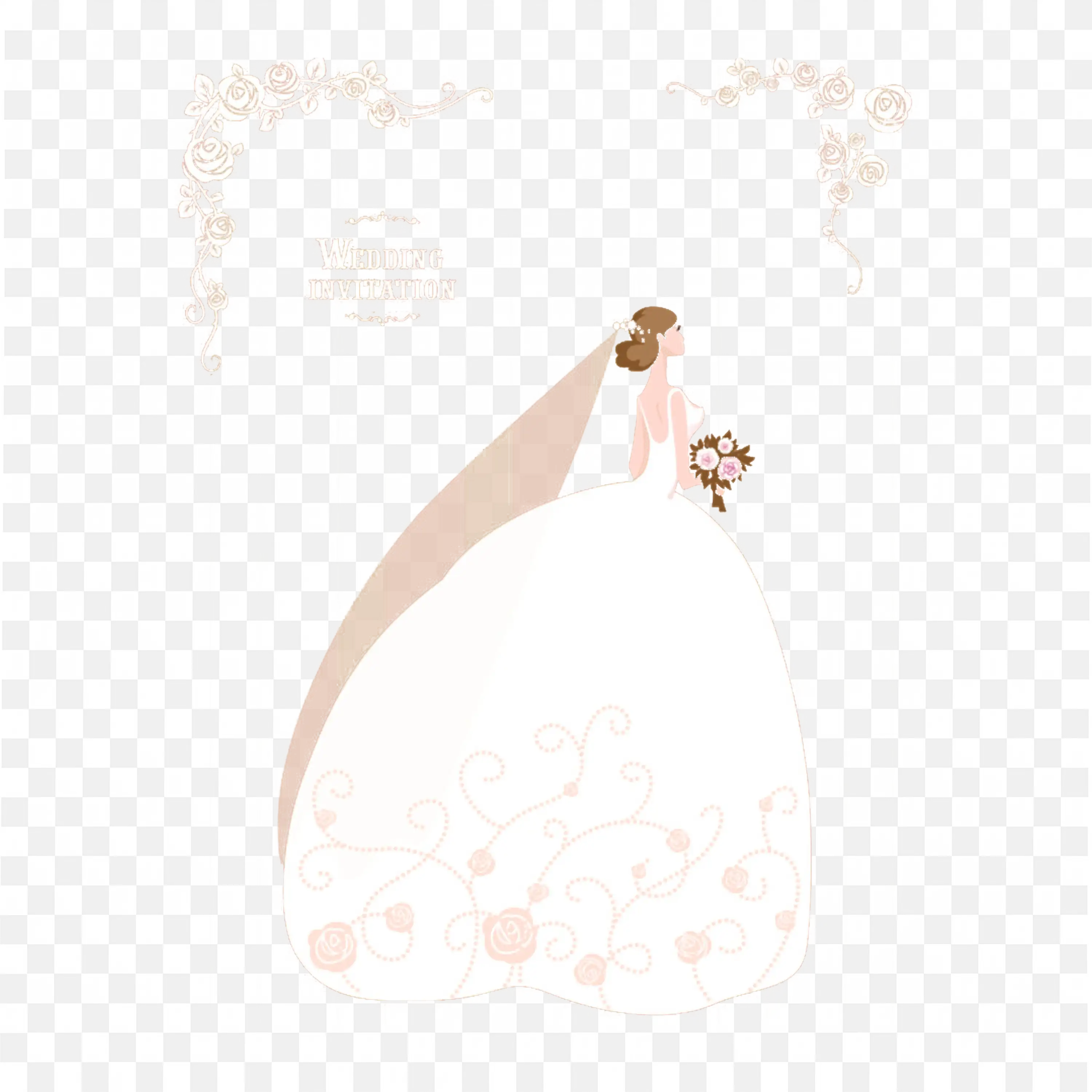 Bride in White Dress with Veil Holding Bouquet Illustration