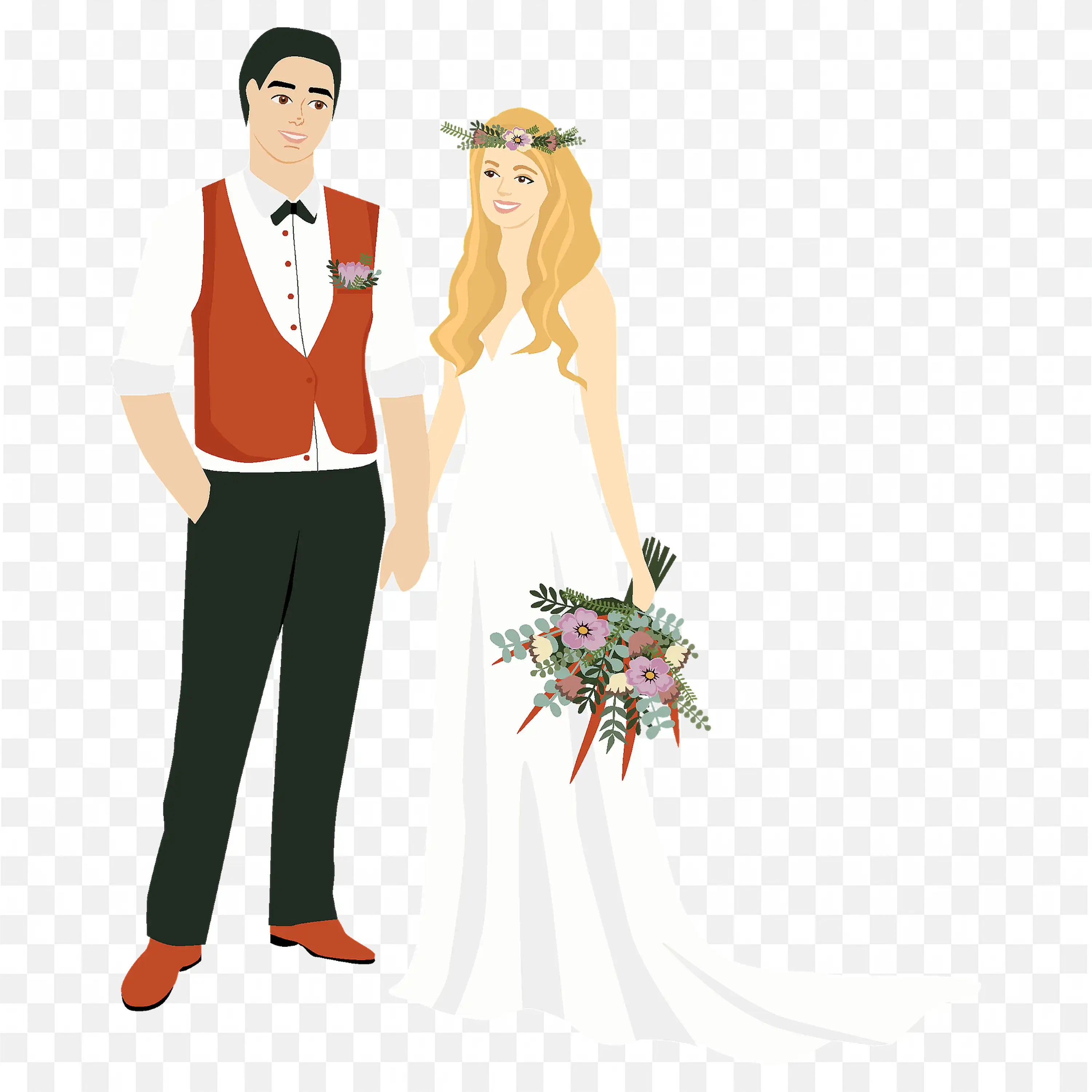 Cartoon Bride and Groom Facing Each Other in Wedding Dress