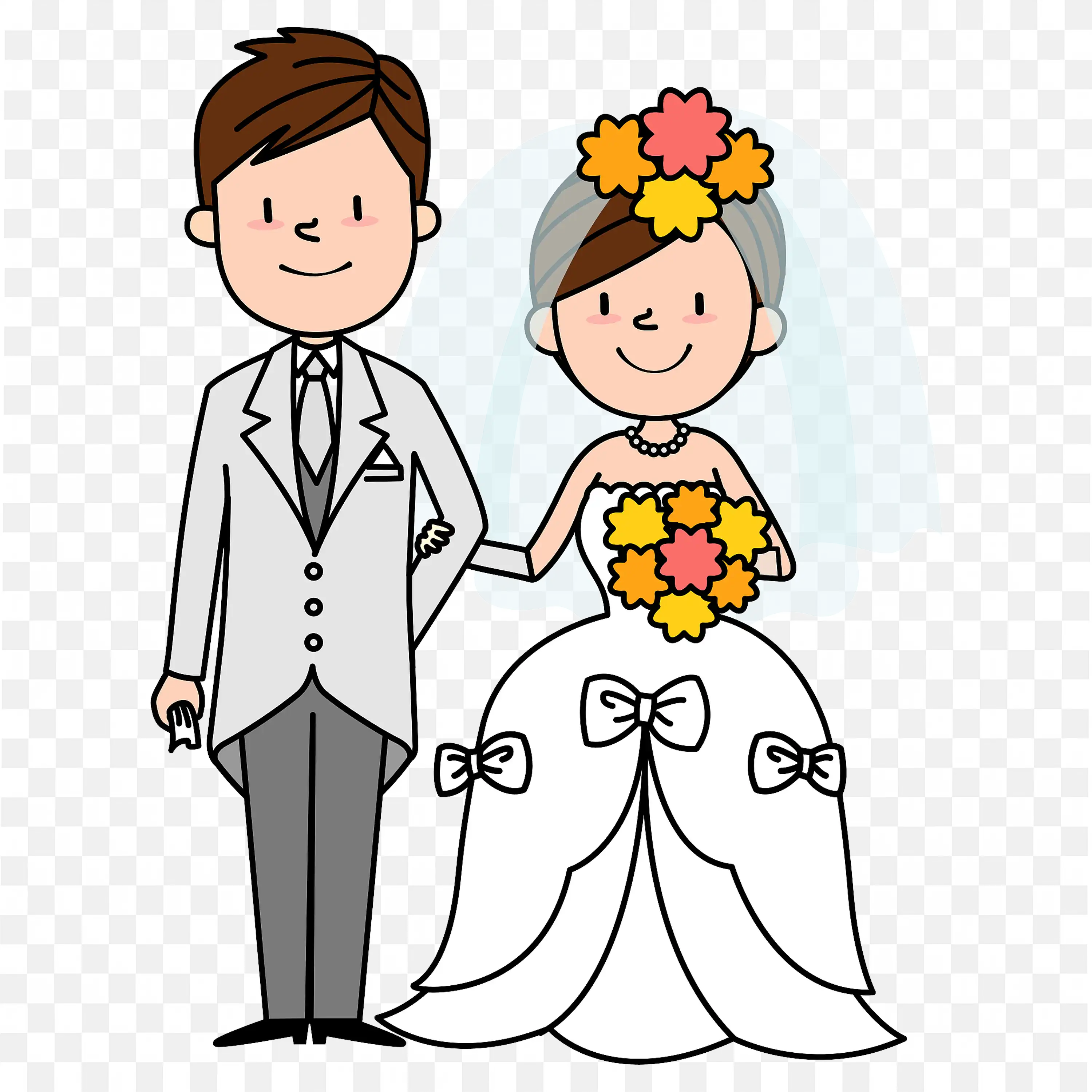 Cartoon Bride and Groom Holding Flowers Wedding Art Image