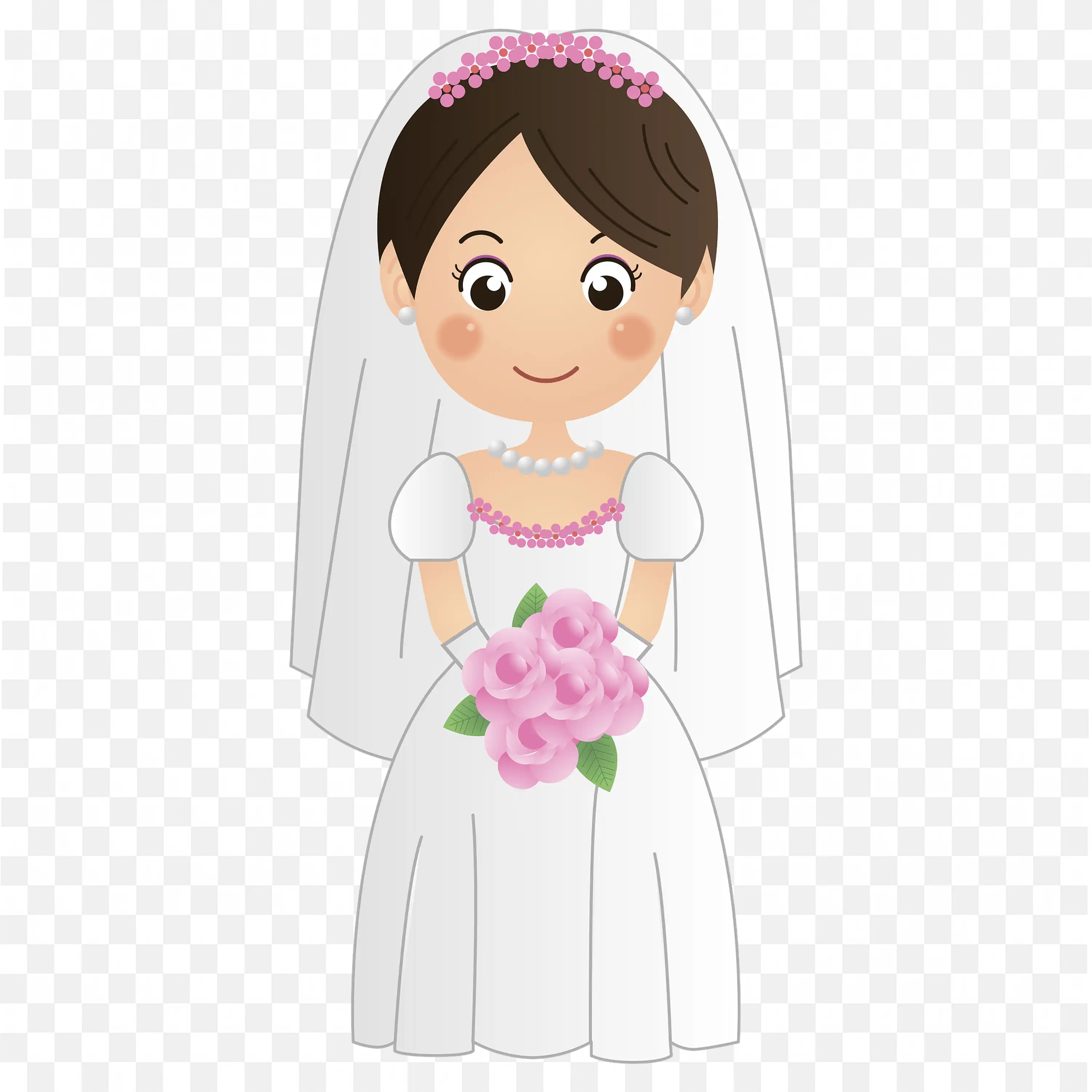 Cartoon Bride Clipart in White Dress with Flower Crown
