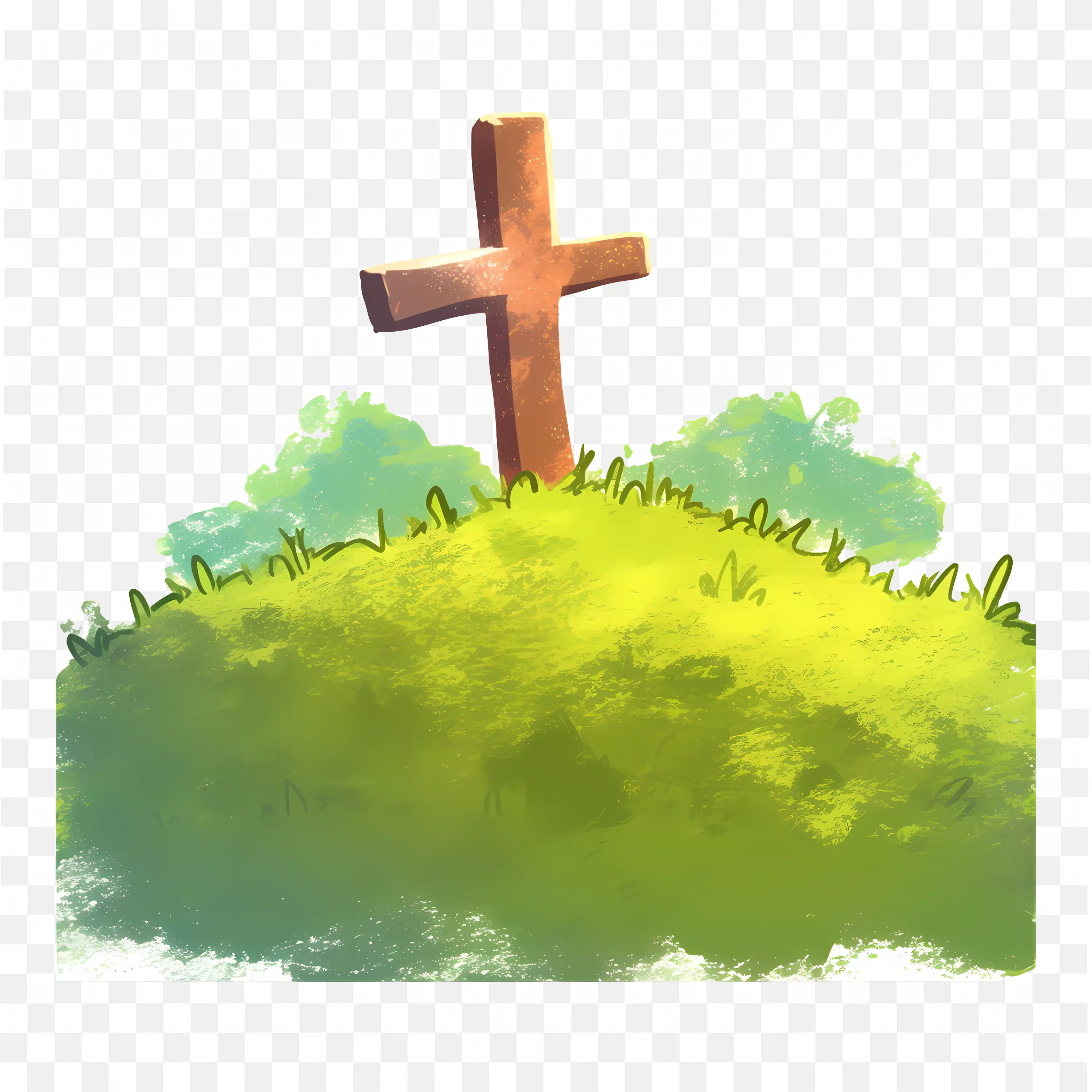 Cartoon Cross on Grassy Hill Easter and Christian Symbol Art