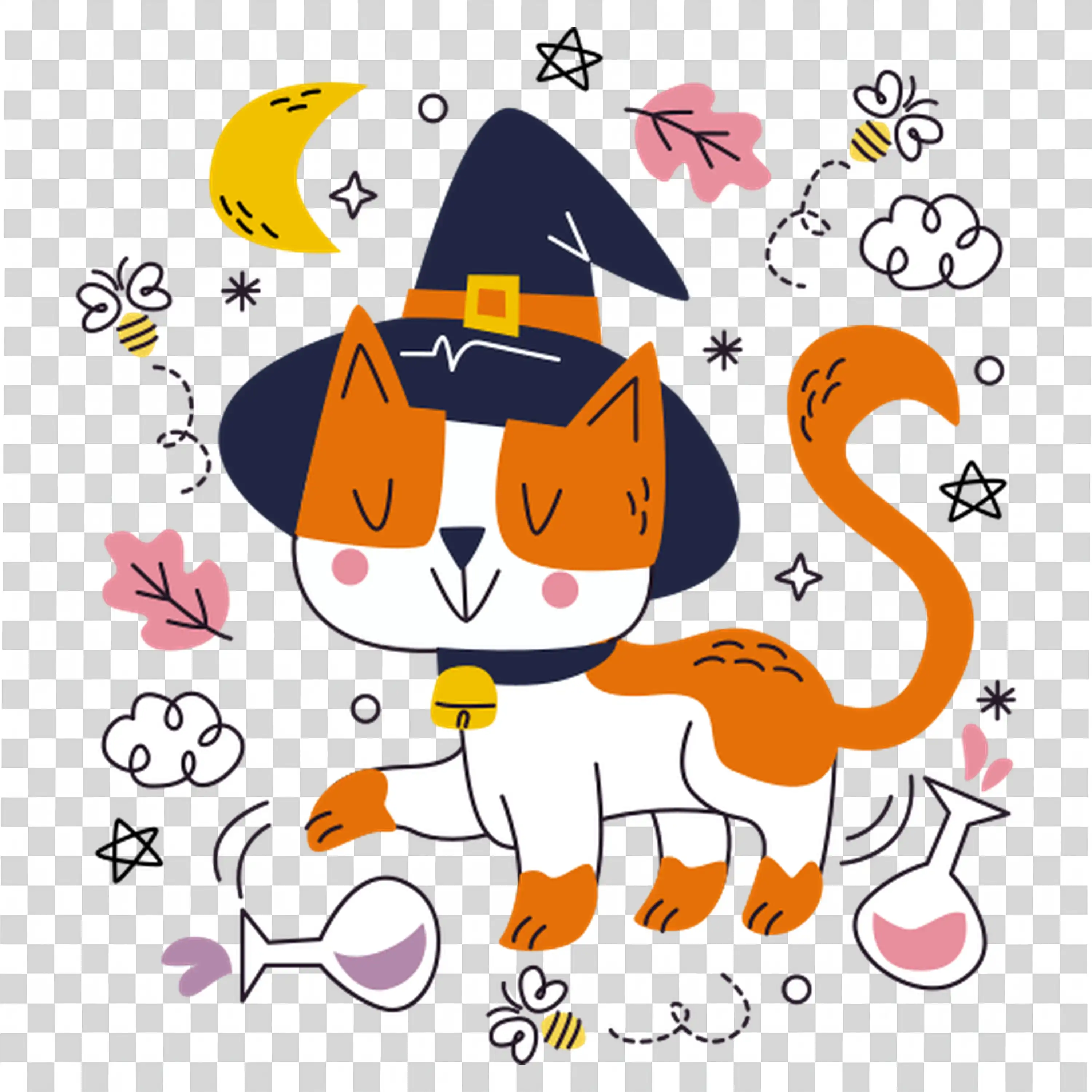 Cat Character with Halloween Witch Hat and Pumpkin Details