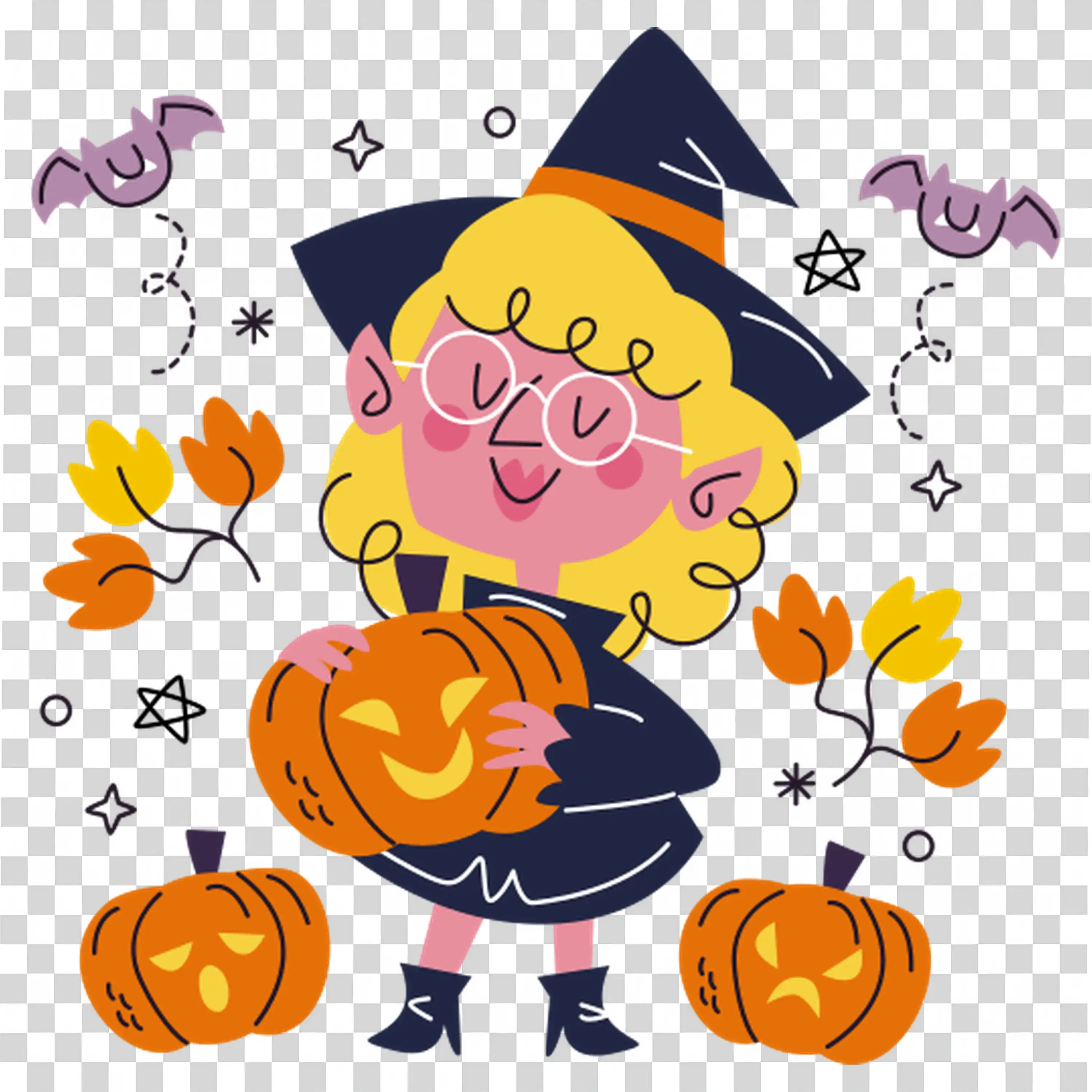 Character with Purple Hat and Pumpkin for Spooky Halloween