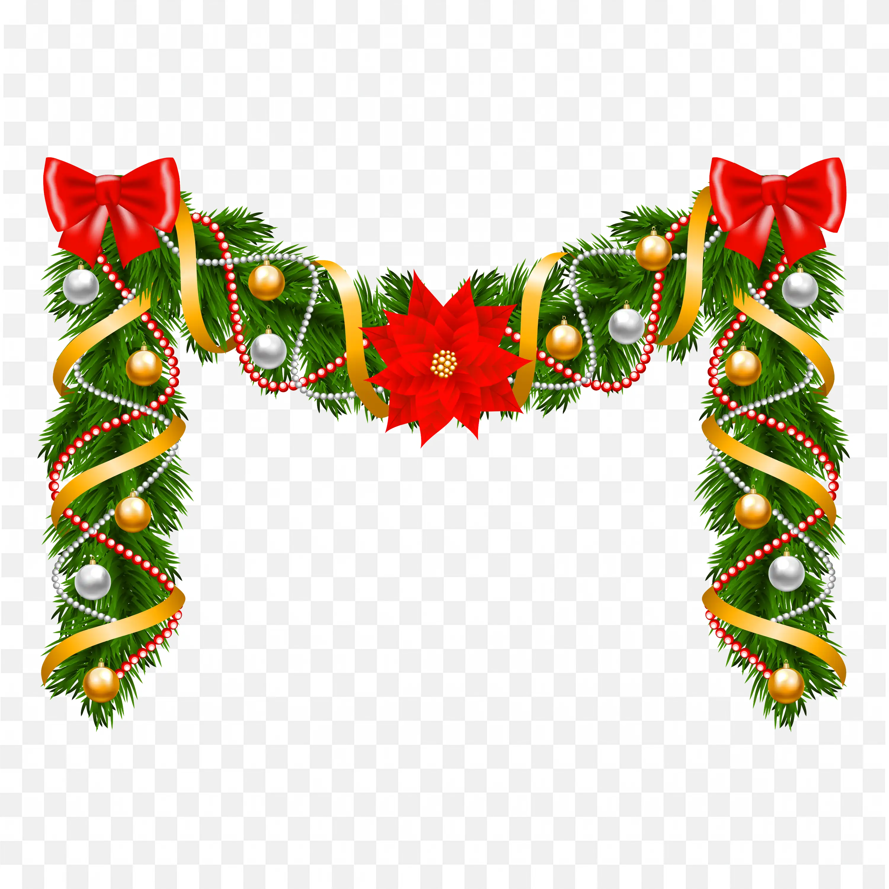 Christmas Garland With Red Bows And Gold Accents Hanging