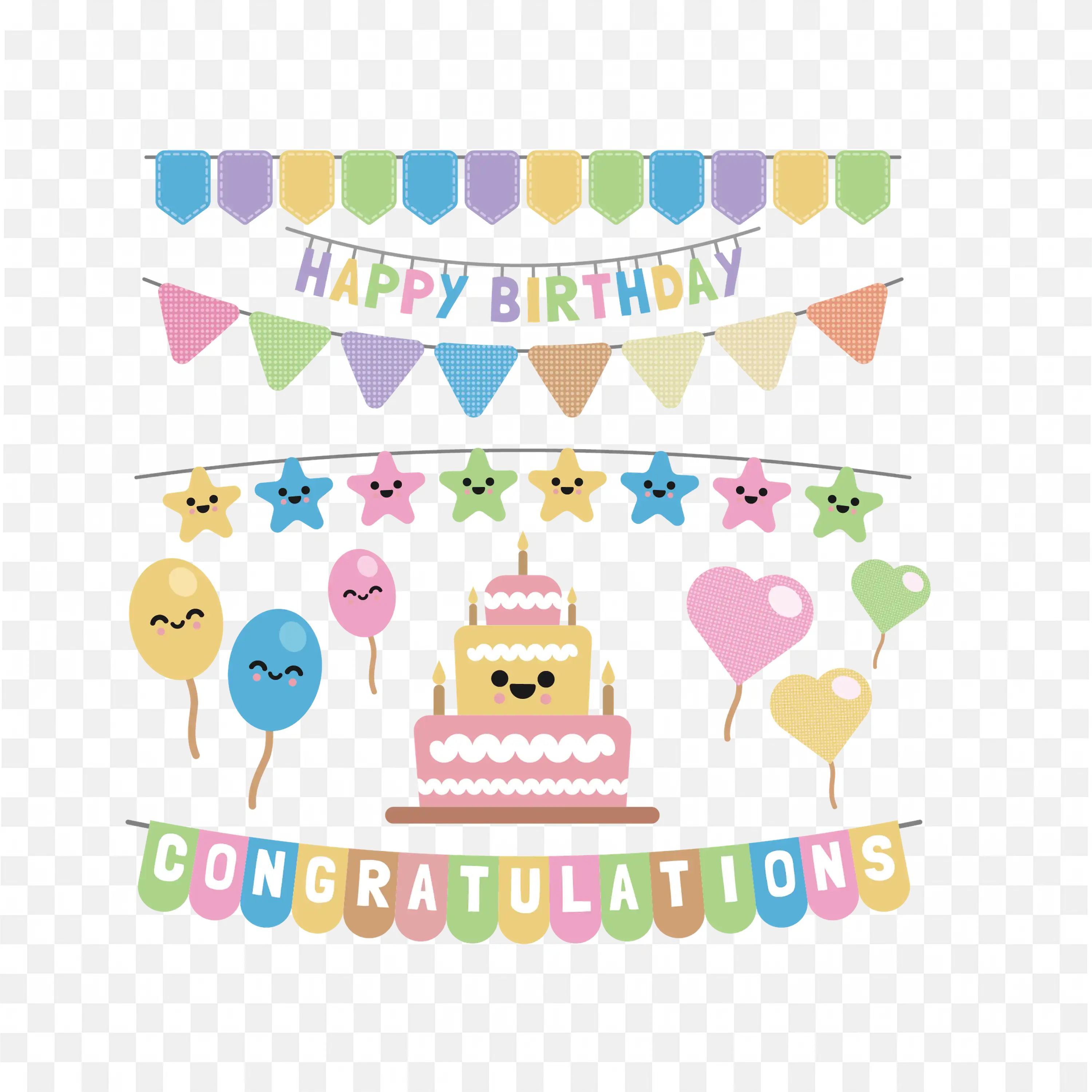 Cute Colorful Birthday Clip Art Vector Celebration Elements PNG