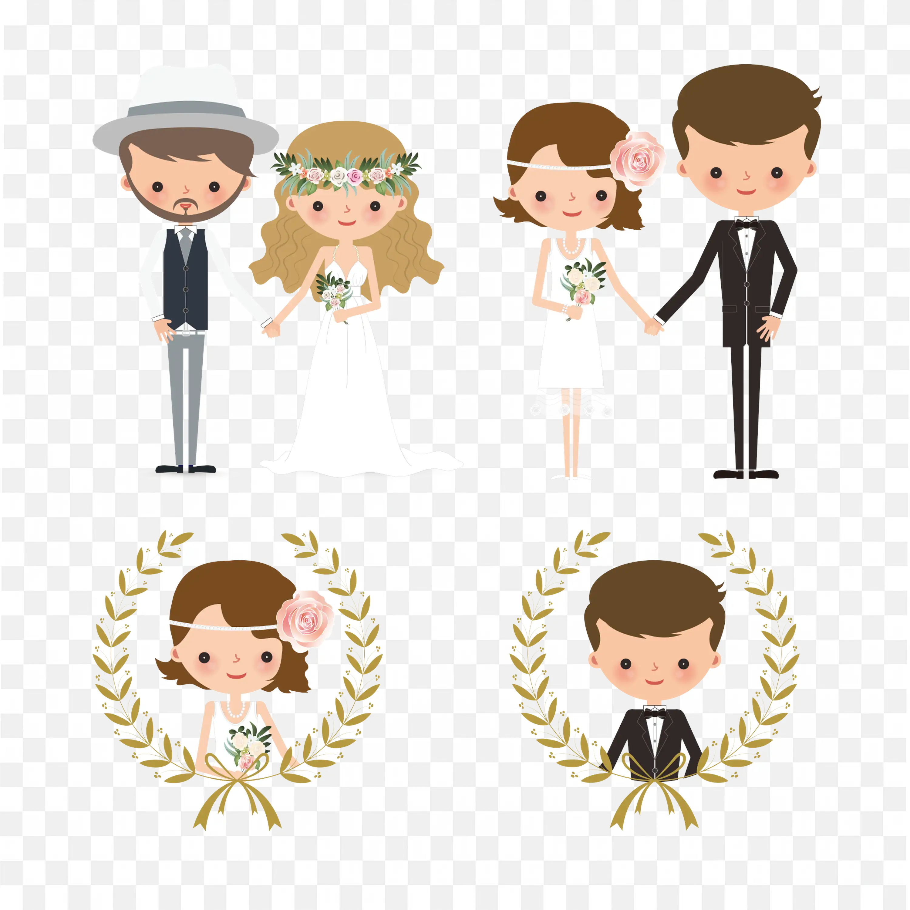 Cute Two Wedding Illustrations of Bride Groom and Two Child Figures