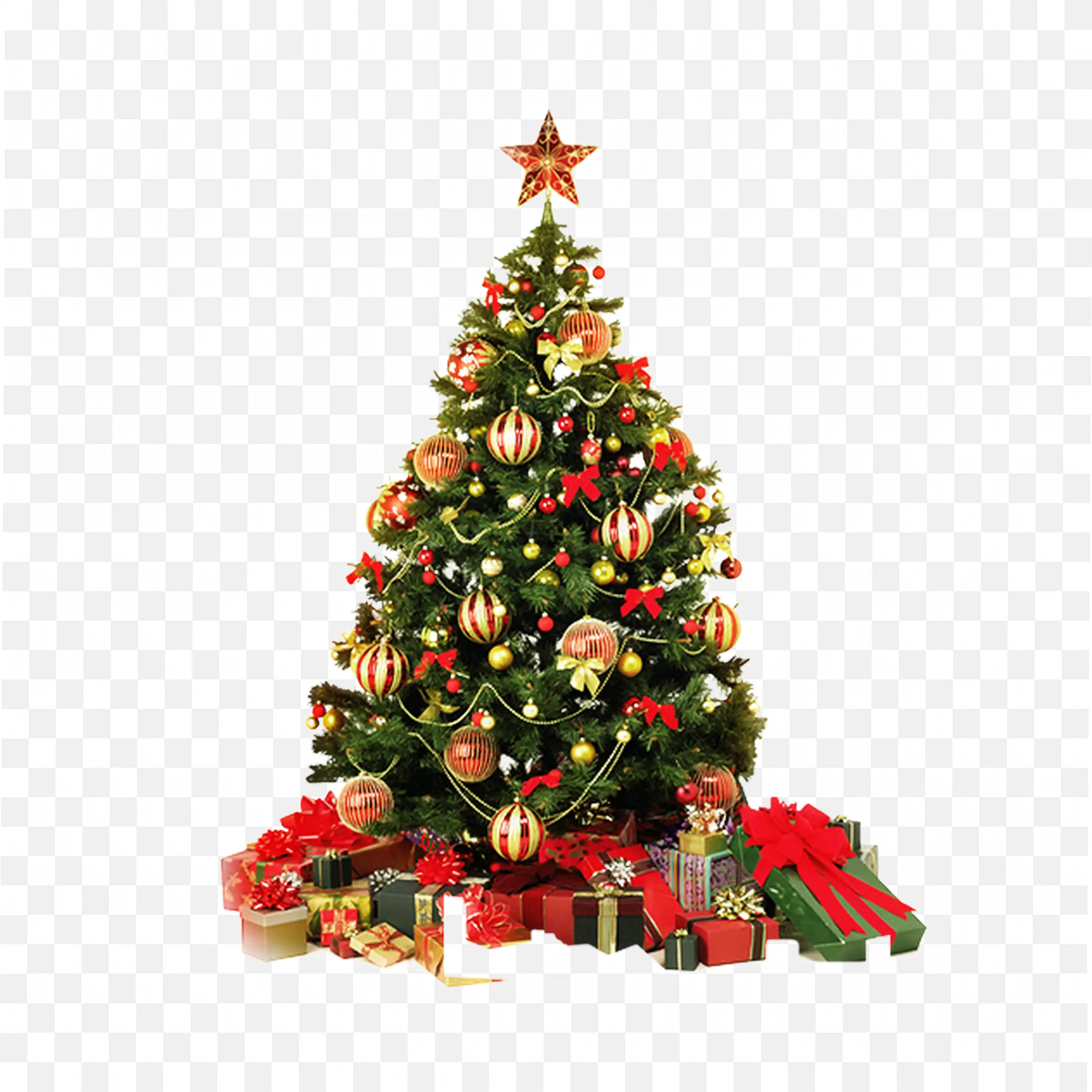 Decorated Christmas Tree with Red Bow and Festive Ornaments