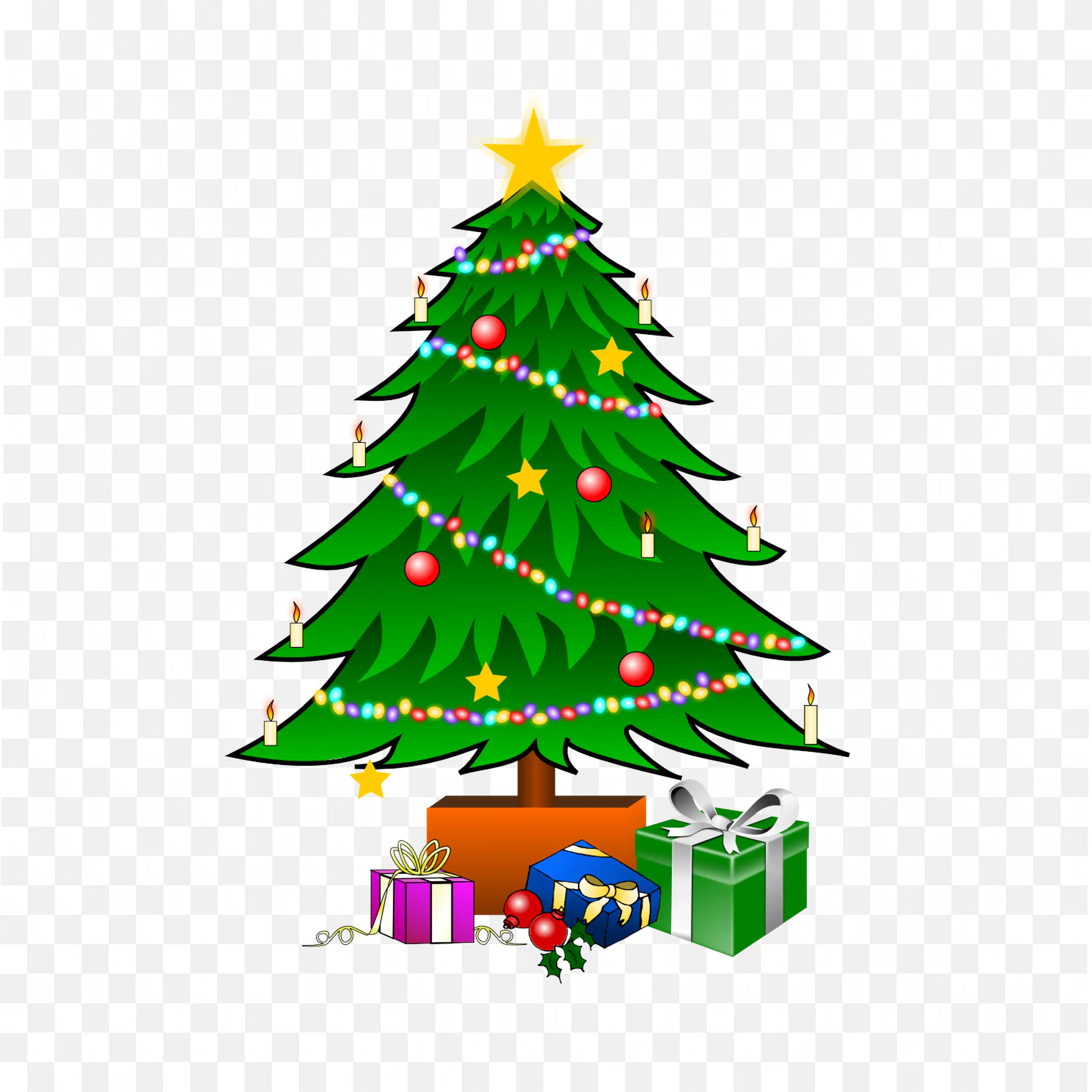 Decorated Christmas Tree With Toys And Presents Below