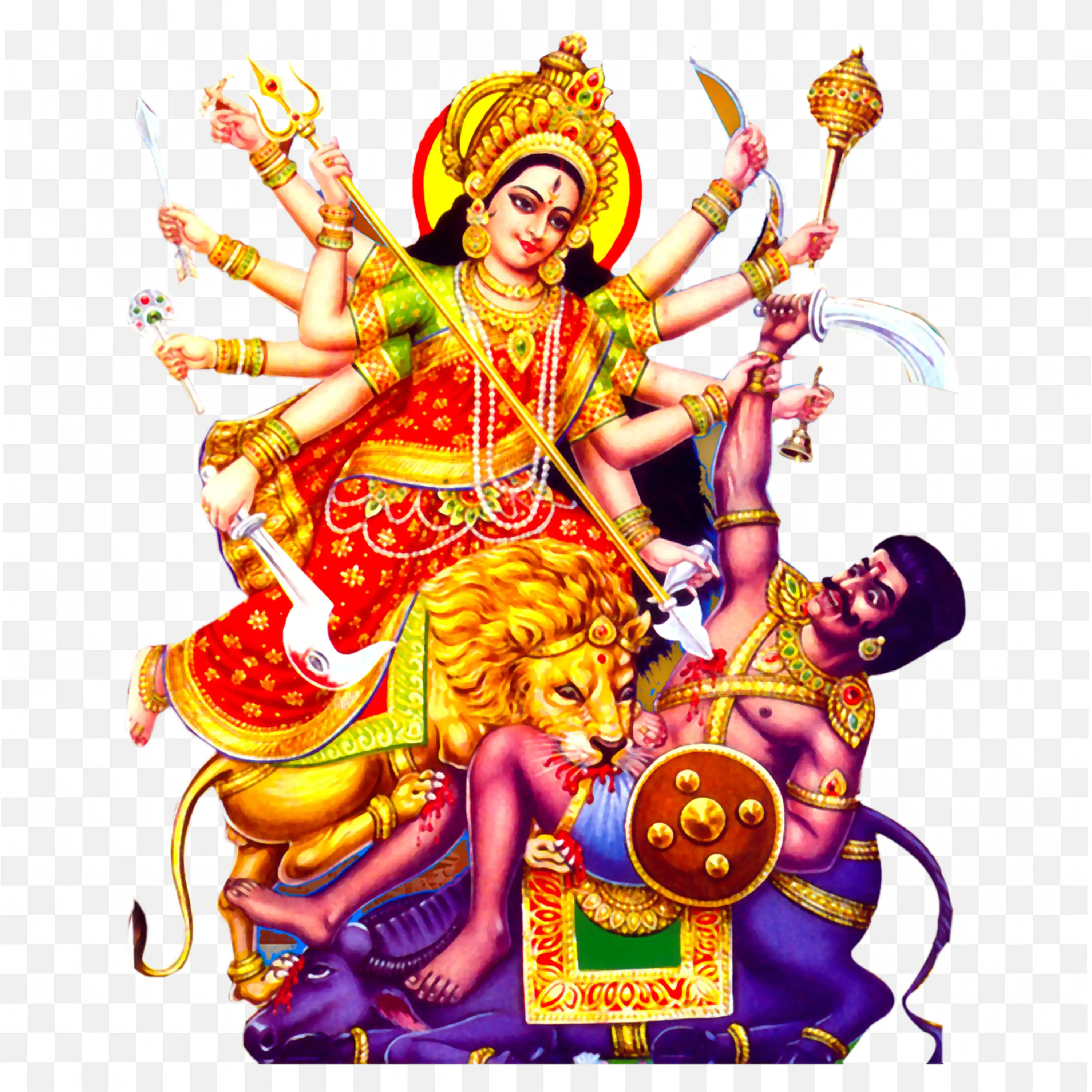 Durga Devi Kills Mahishasura Iconic Hindu Goddess Art PNG