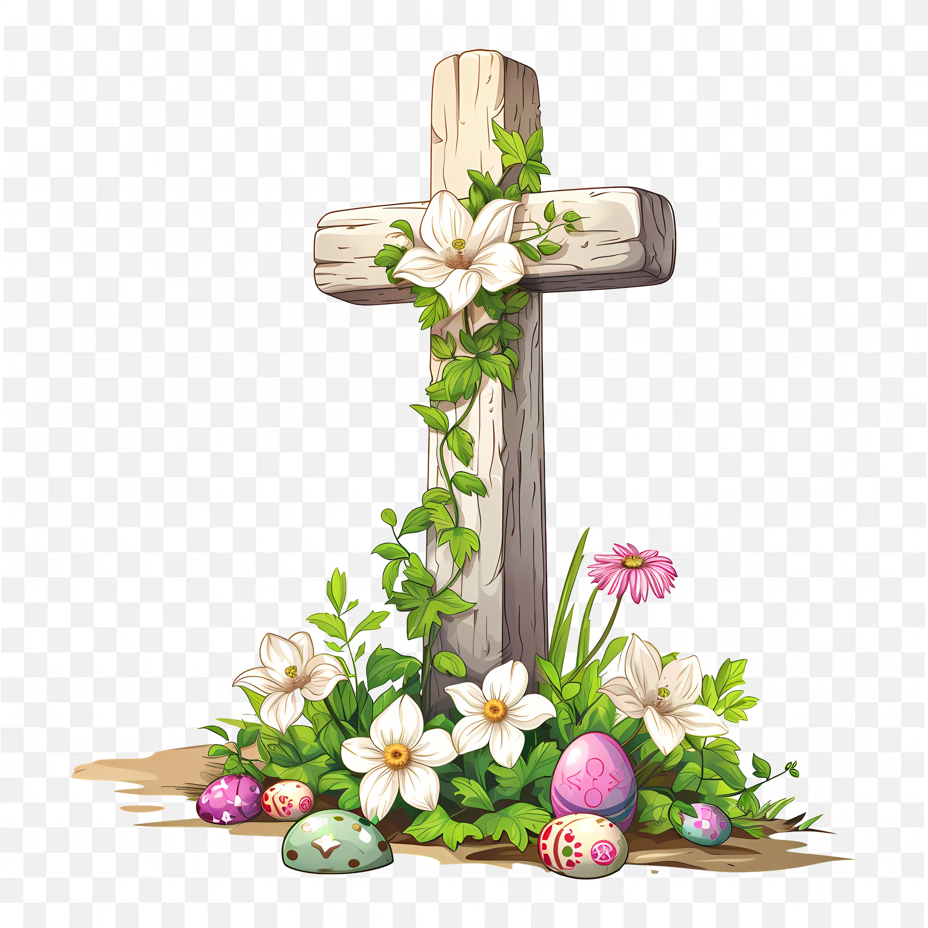 Easter Cross Blessing Clip Art with White Flowers PNG Art