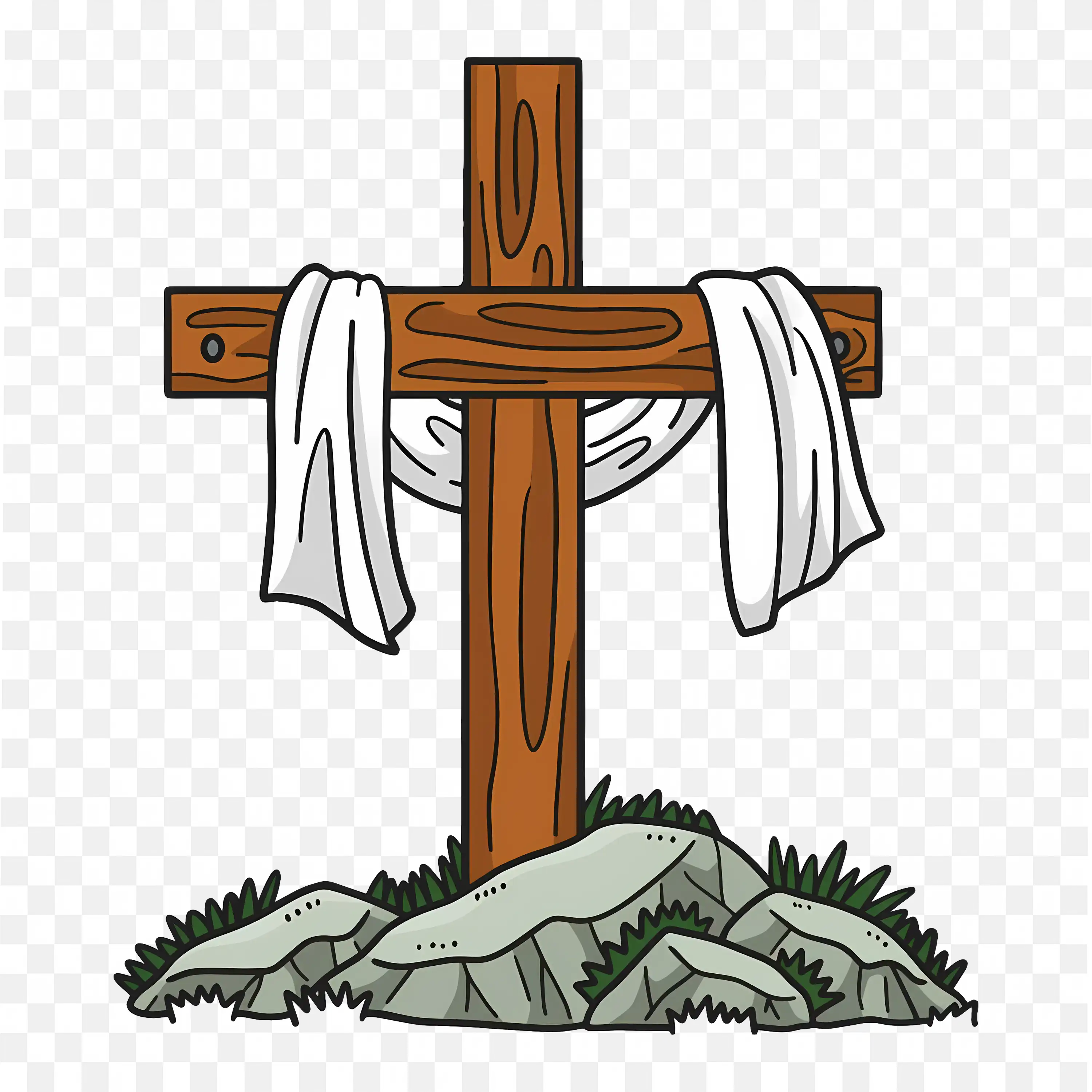 Easter Cross with White Cloth on Rocky Grassy Hill Symbolic Art