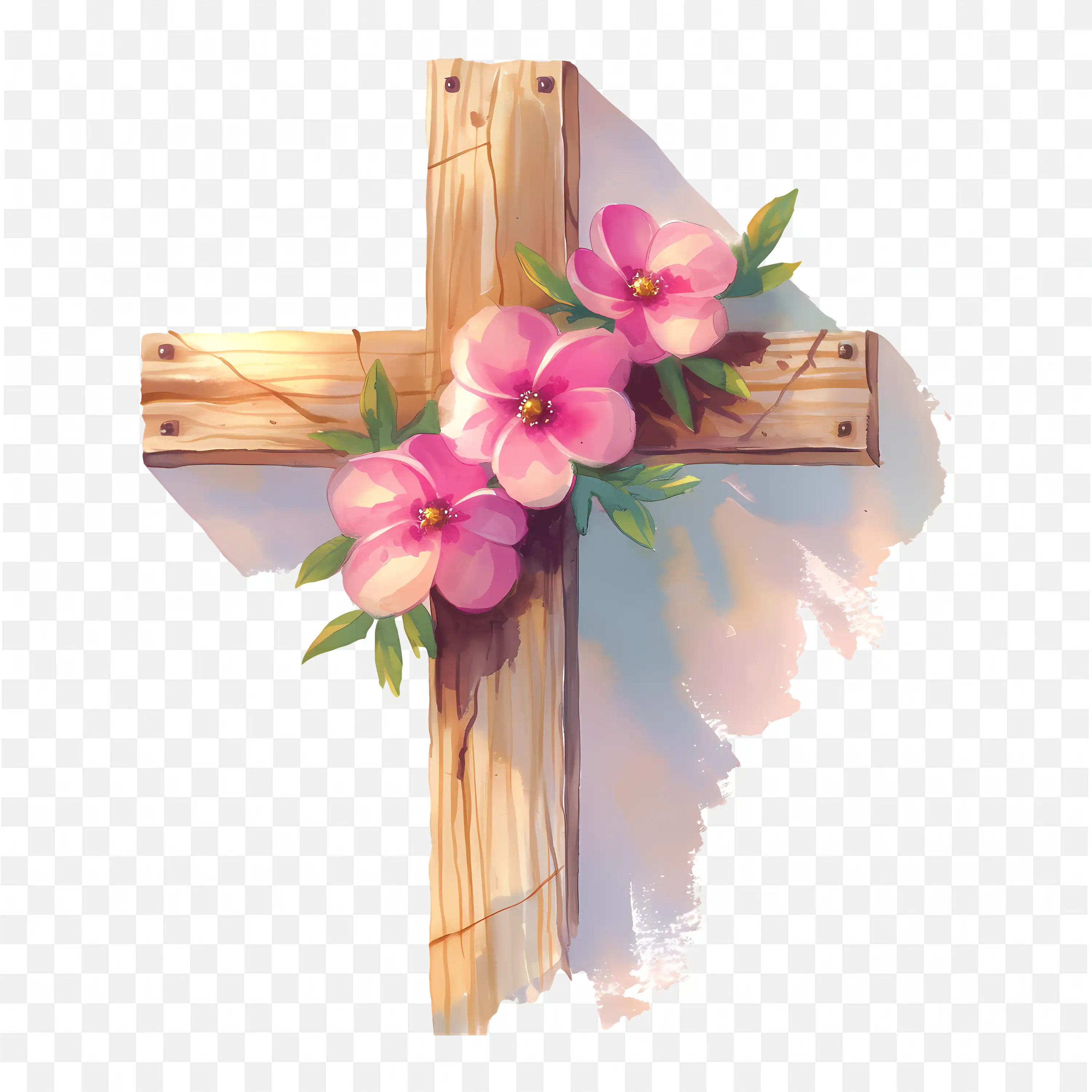Easter Wooden Cross with Pink Flowers Symbolizing Resurrection