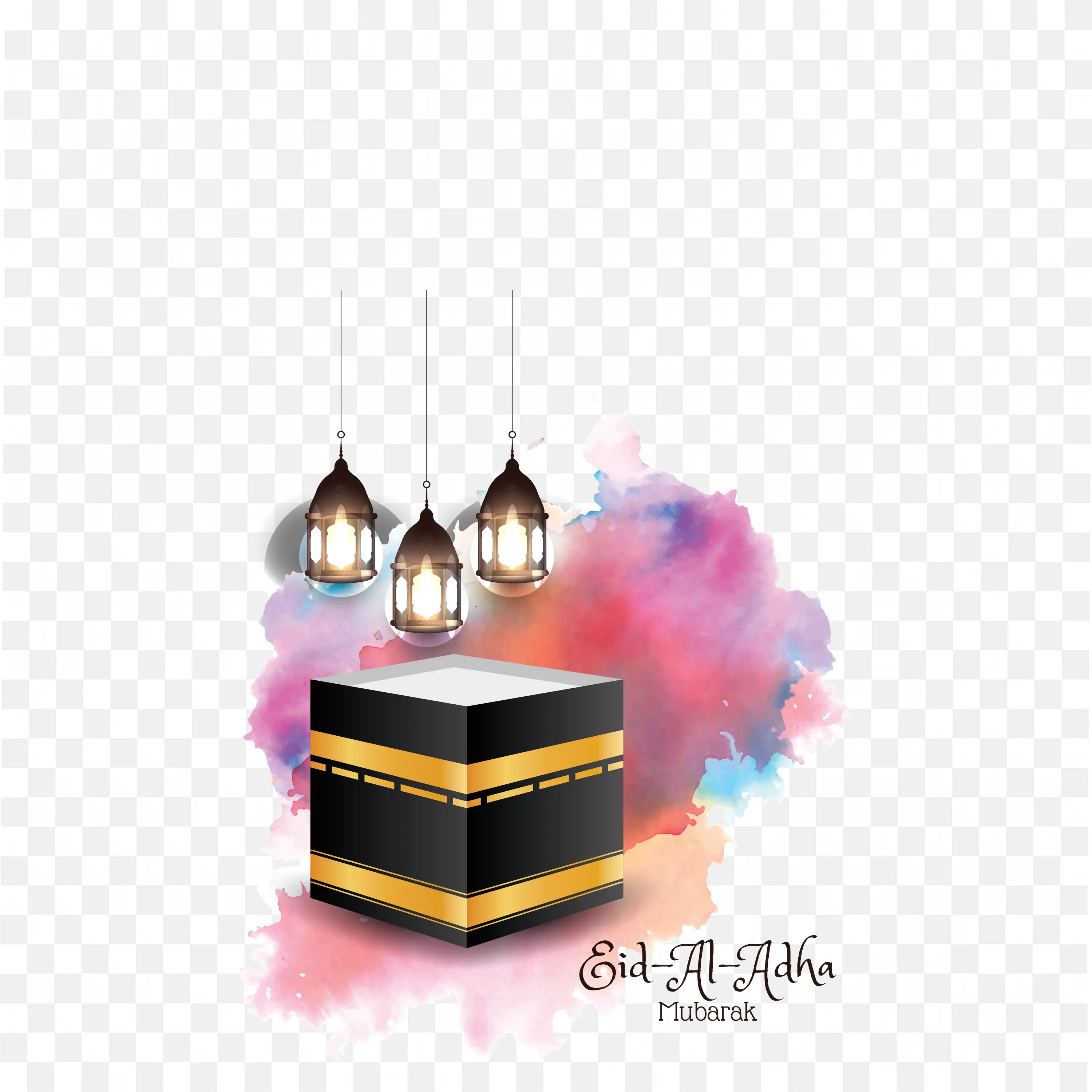 Eid al Adha Mubarak Greeting with Kaaba and Lanterns Art