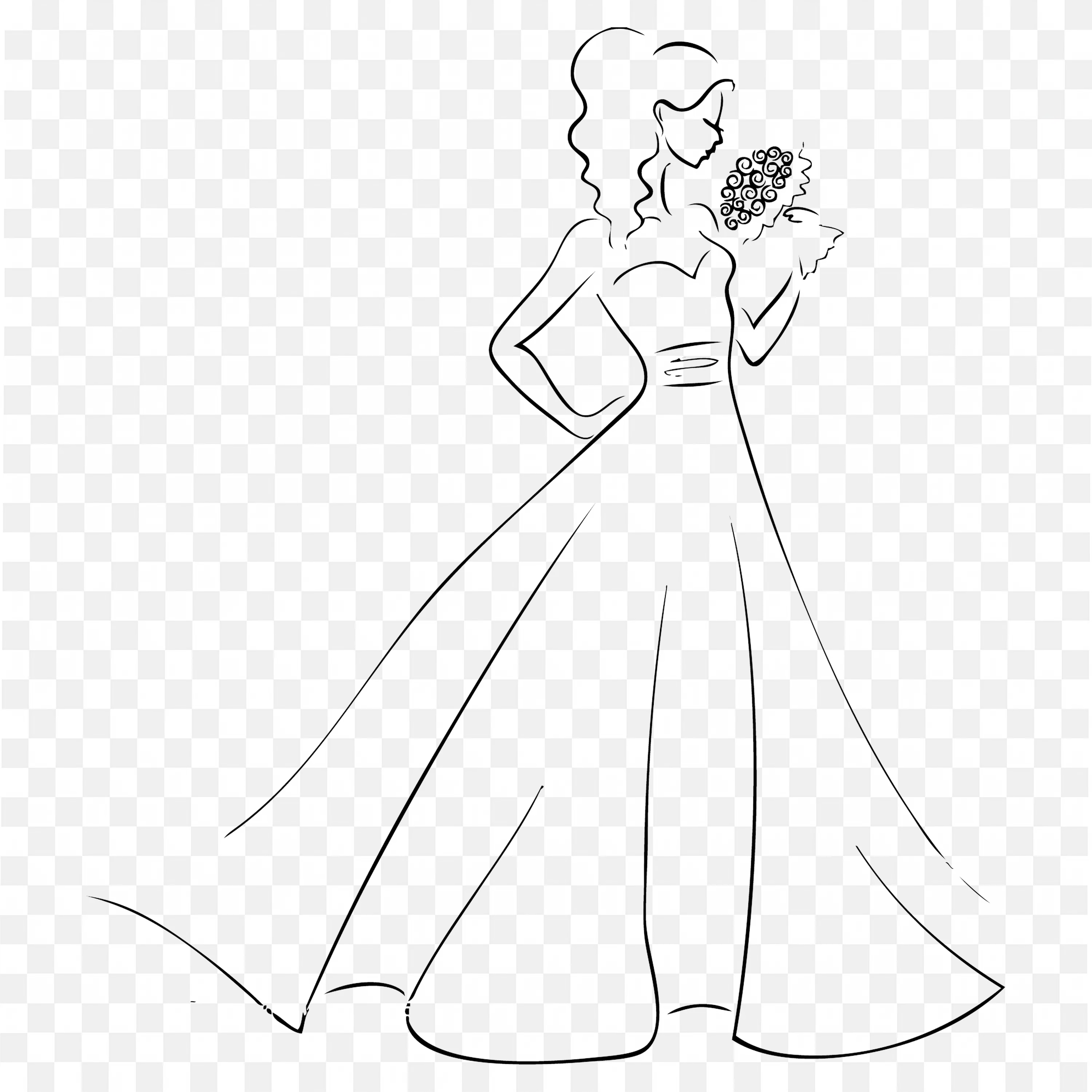 Elegant Bride in Gown and Flowers White Background PNG