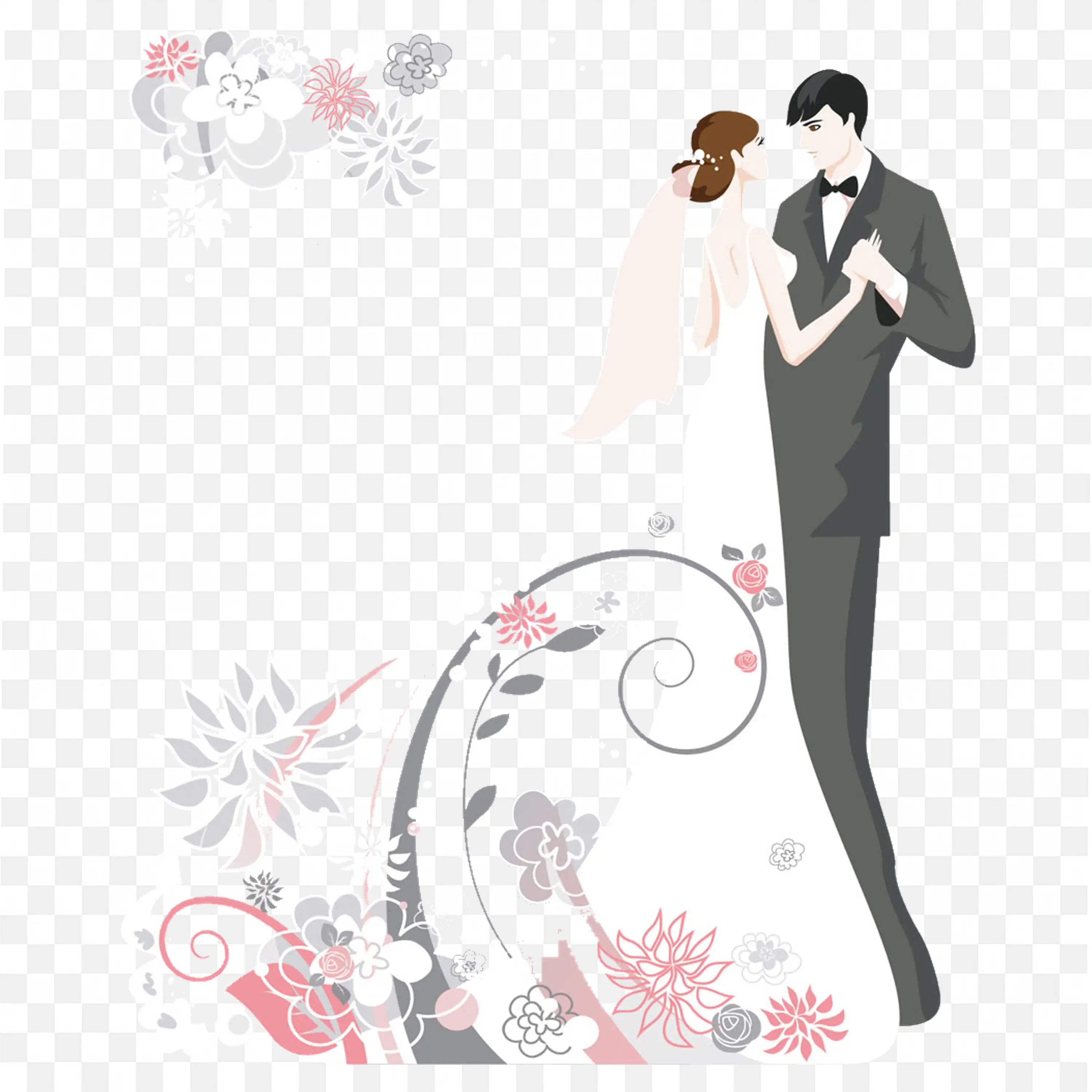 Elegant Wedding Couple Bride in White Gown Groom in Dark Suit Art