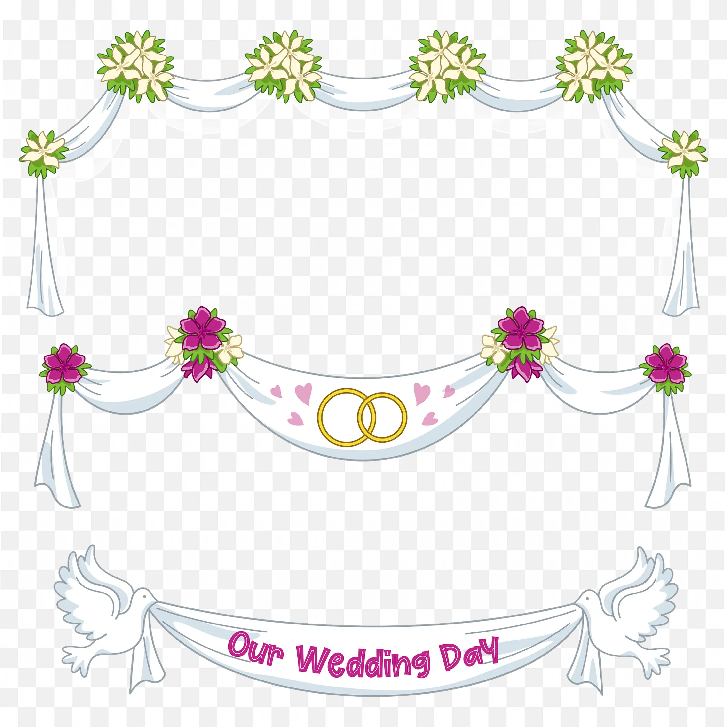 Elegant White and Floral Garland Wedding Banner Clipart Art
