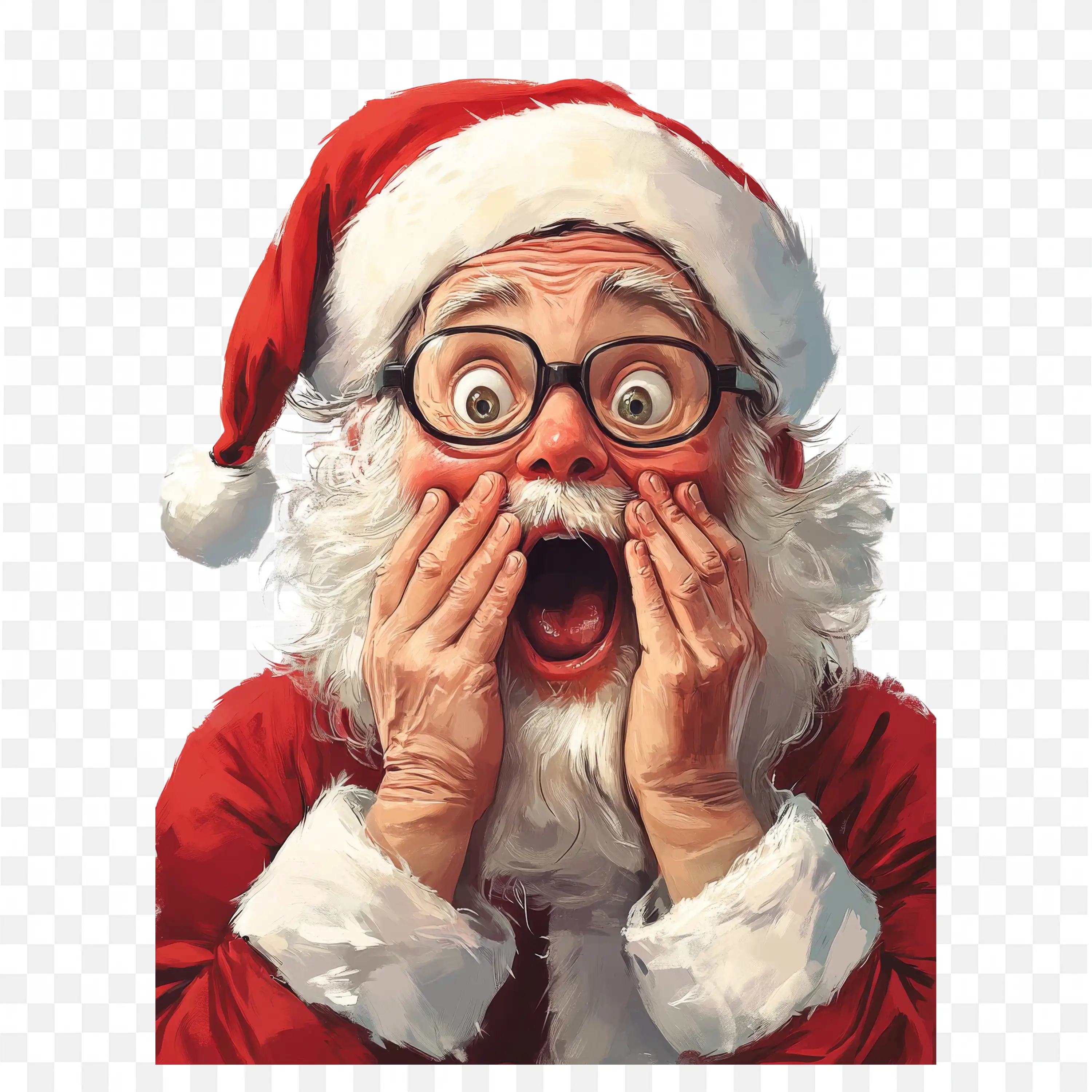 Excited Santa with Glasses and Gloves Holding His Face Clip
