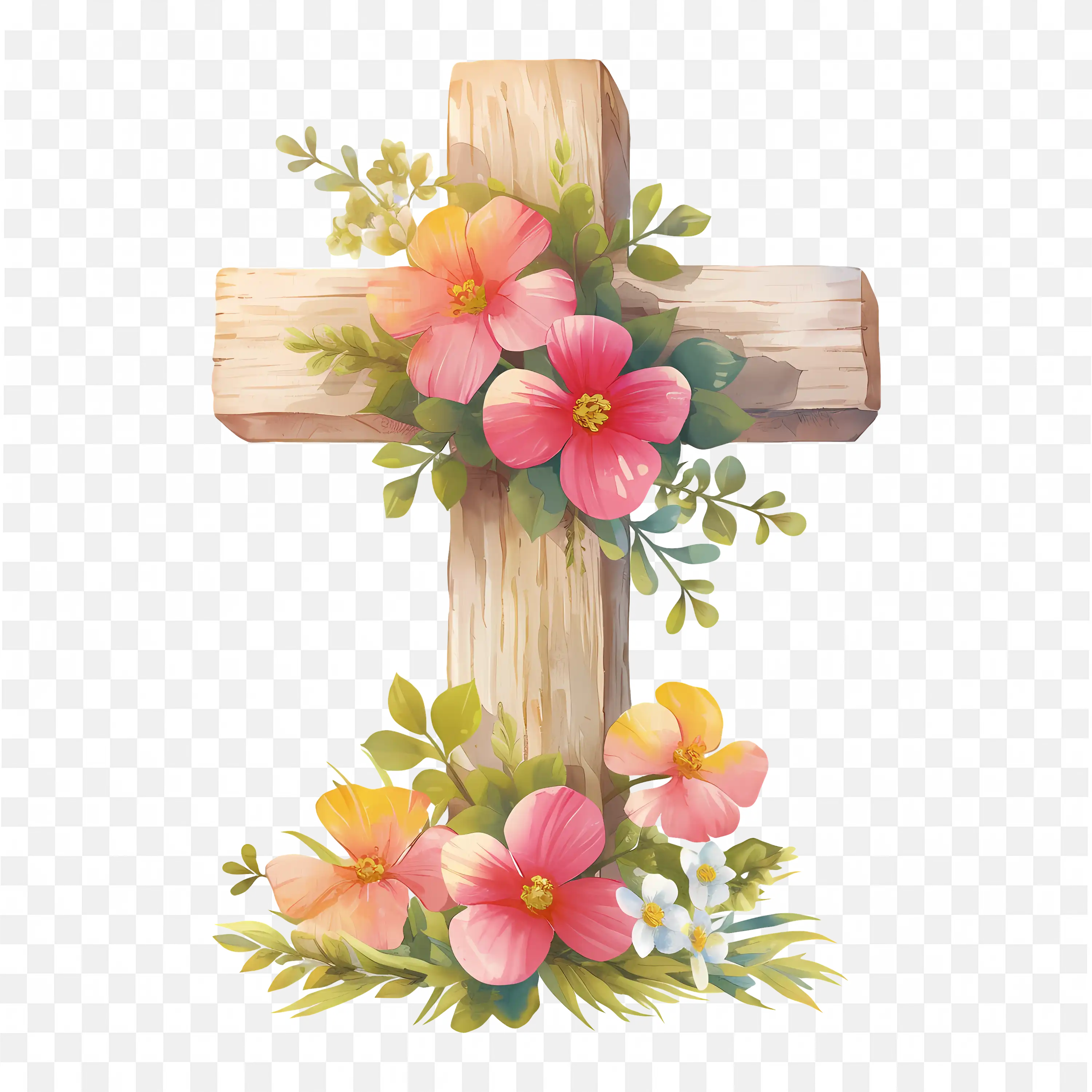 Floral Cross PNG Pink and Yellow Flowers Christian Symbol