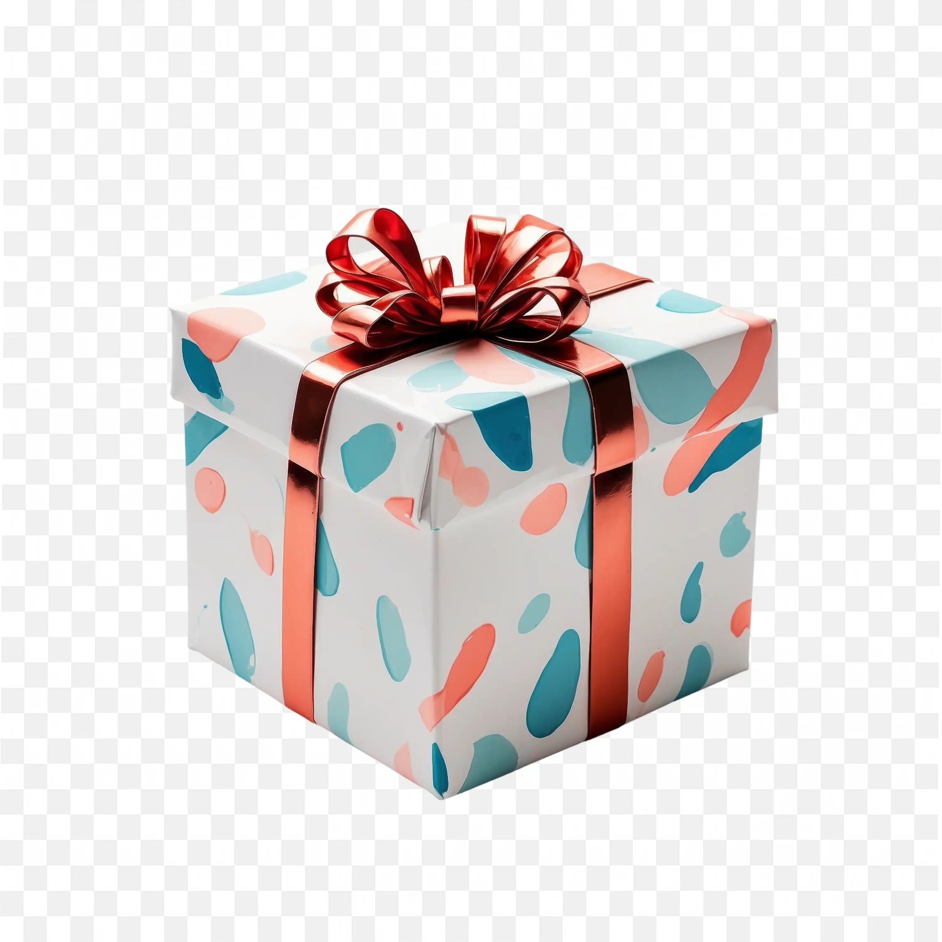 Gift Box with Red Bow White Base and Blue Pink Pattern Art