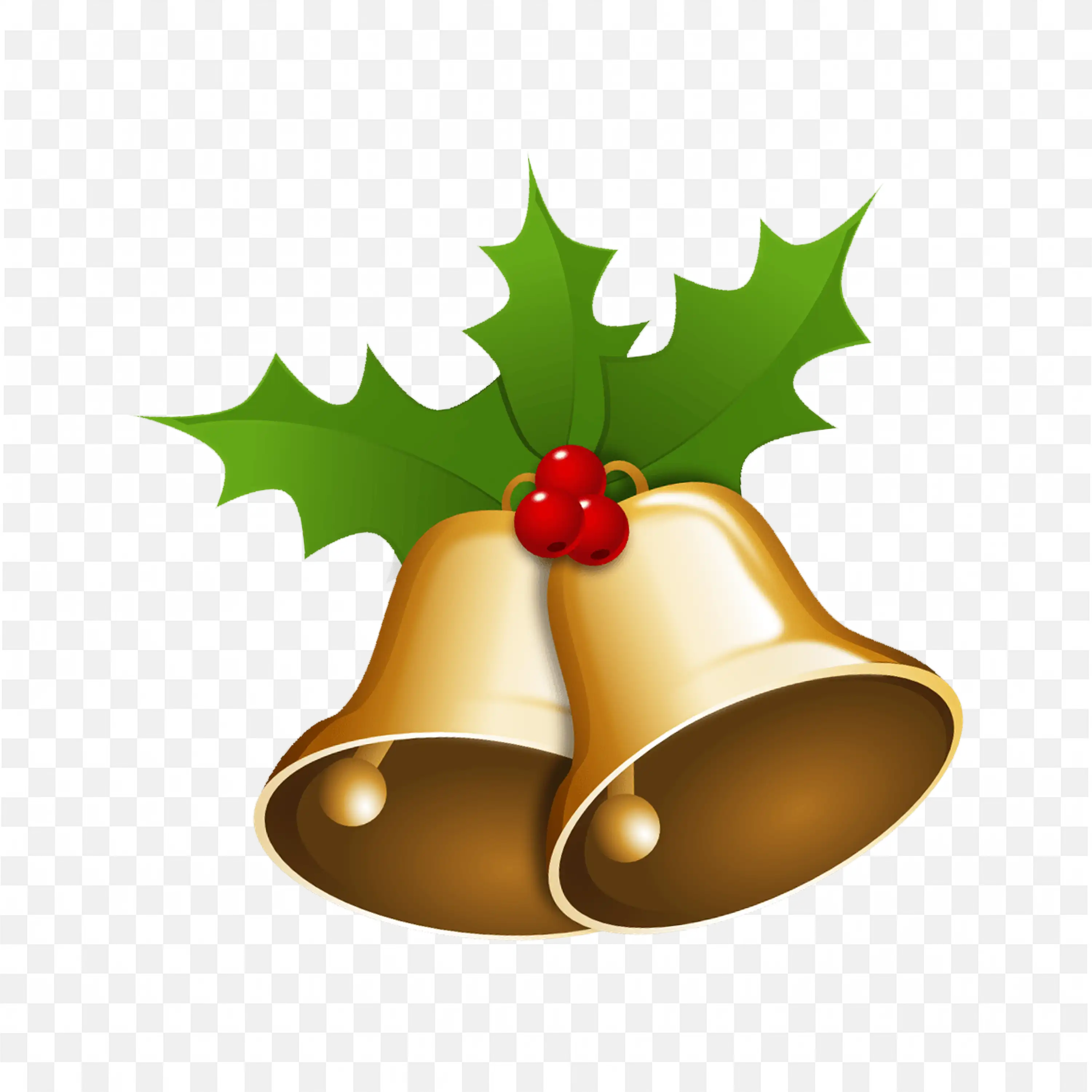 Golden Bells with Holly Leaves Red Berries and Red Bows PNG