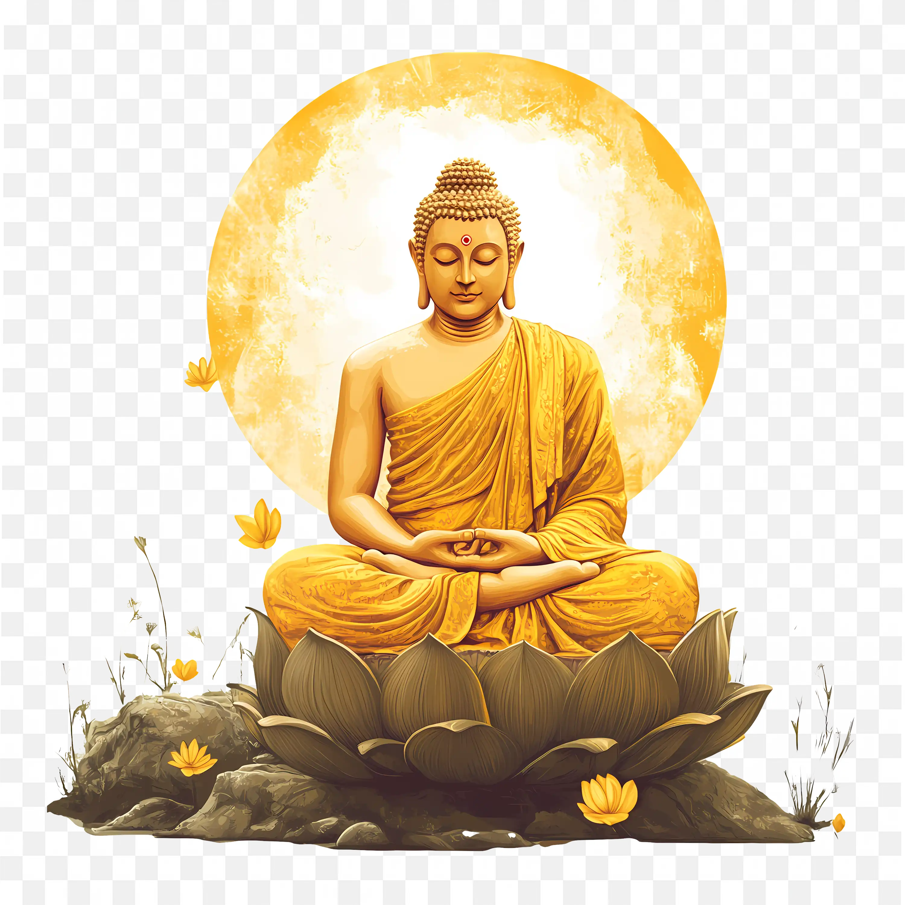 Golden Buddha Statue in Dhyana Mudra with Lotus and Halo Art