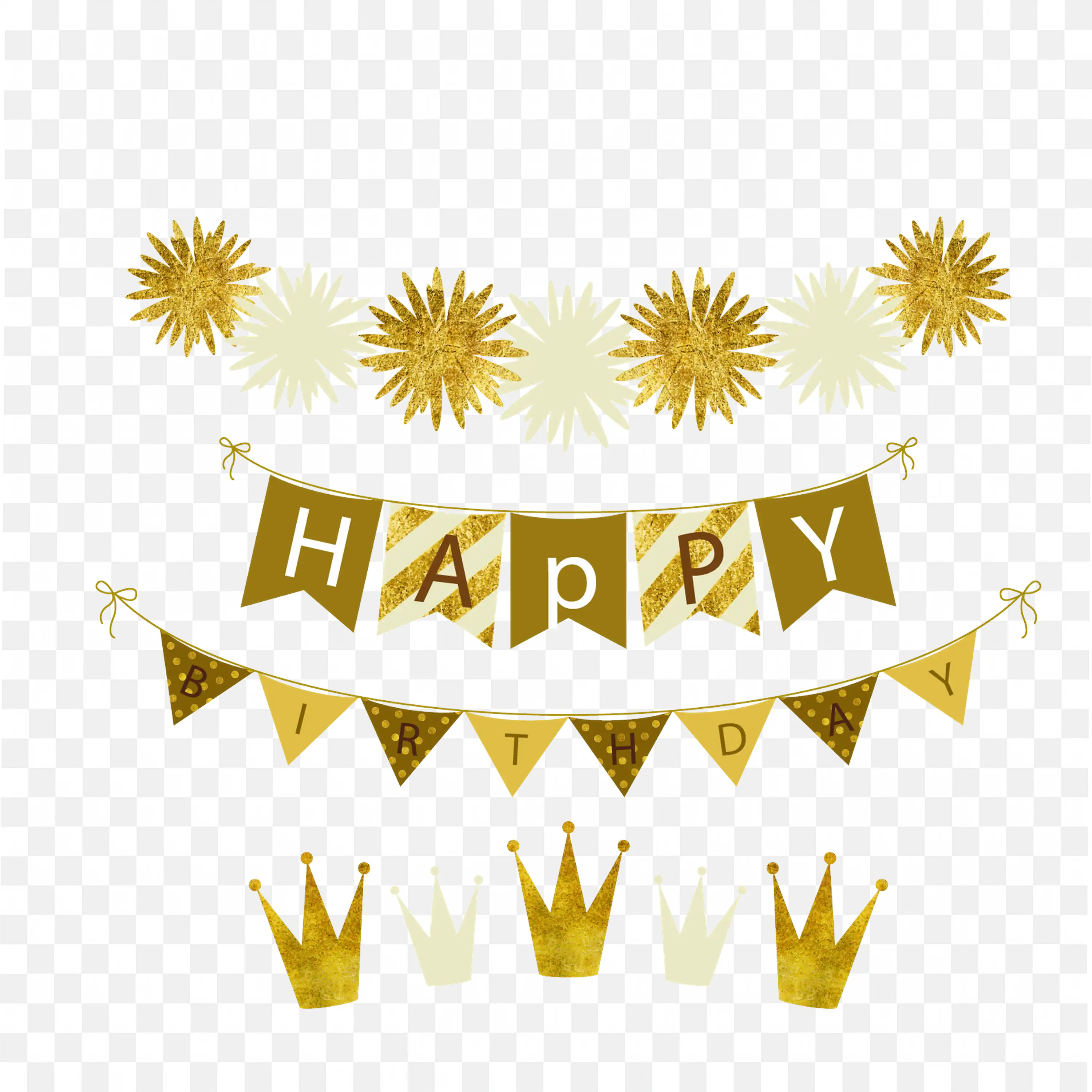 Golden Happy Birthday Bunting Yellow and Beige Party Art