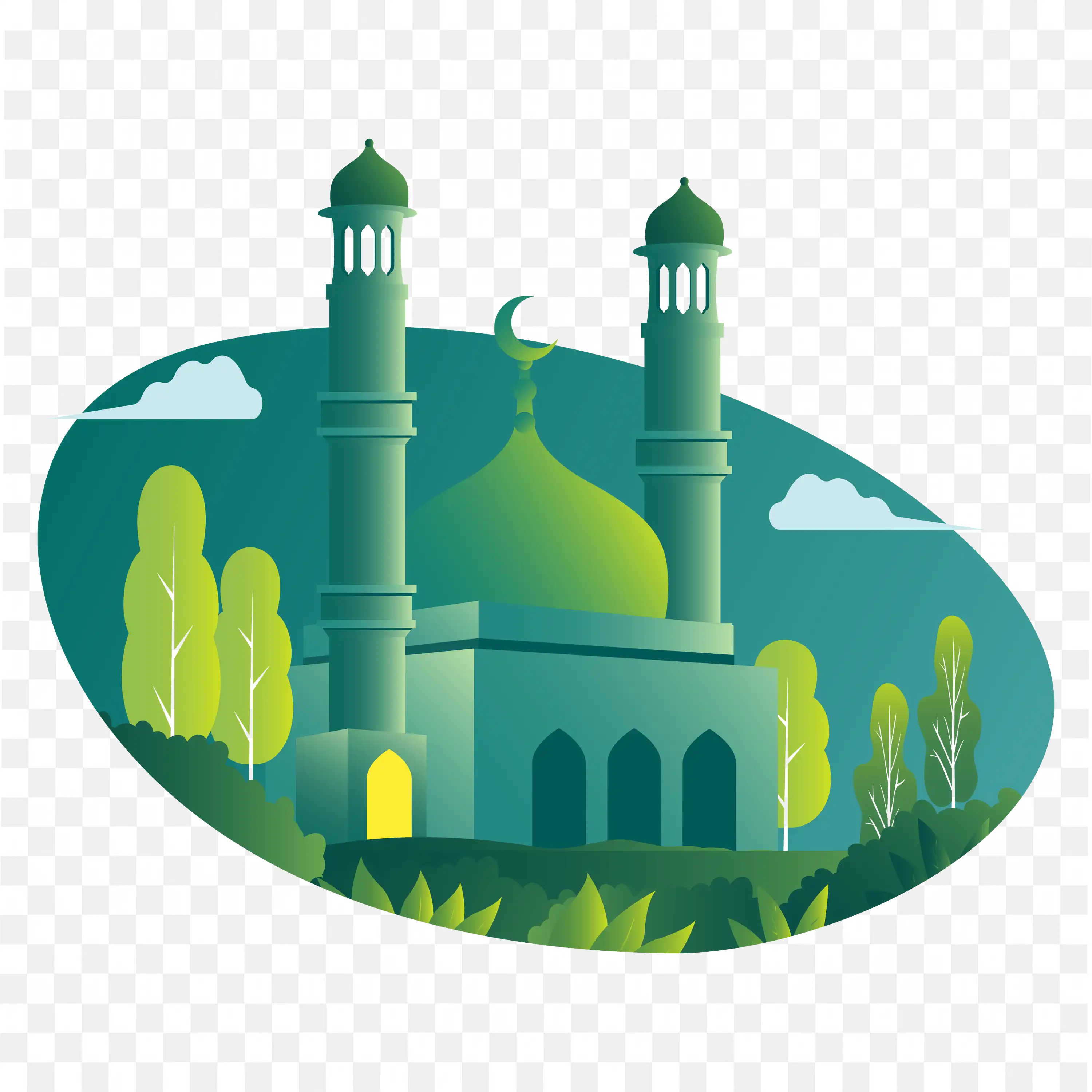 Green Mosque with Trees Religious Illustration PNG