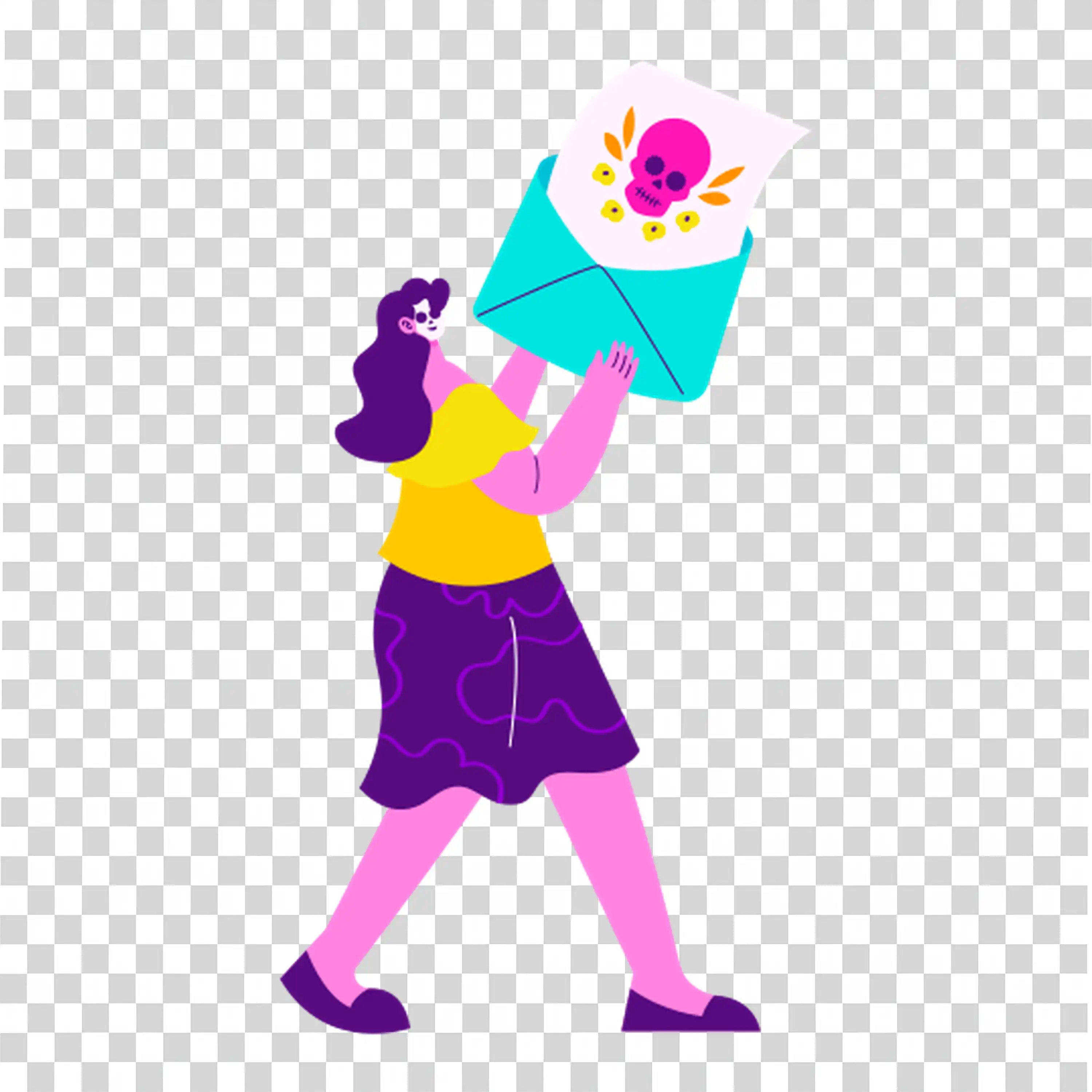 Halloween Girl in Purple Dress Holding a Pumpkin PNG