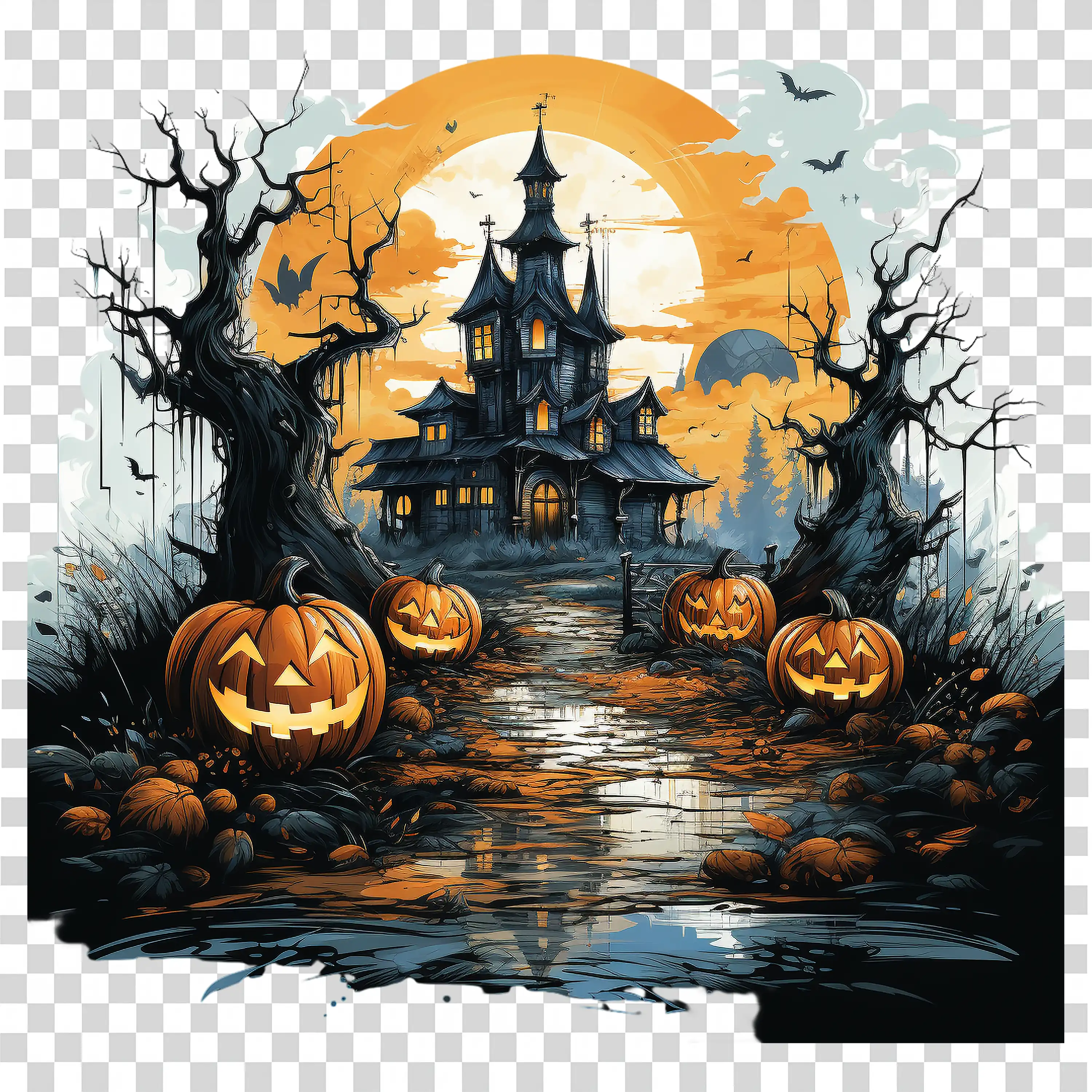 Halloween Pumpkin Scene with Haunted House and Full Moon