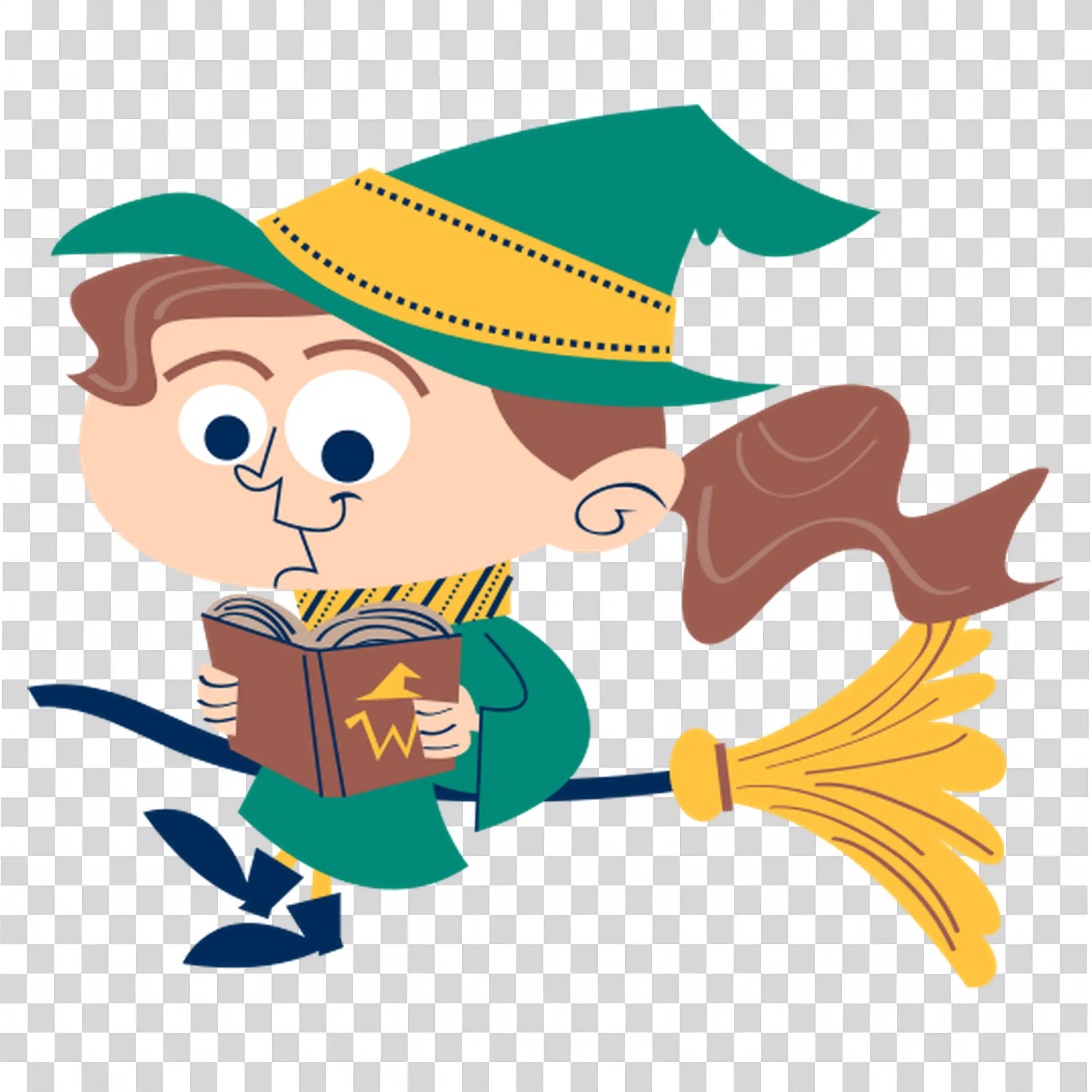 Halloween Witch Character with Colorful Hat and Flying