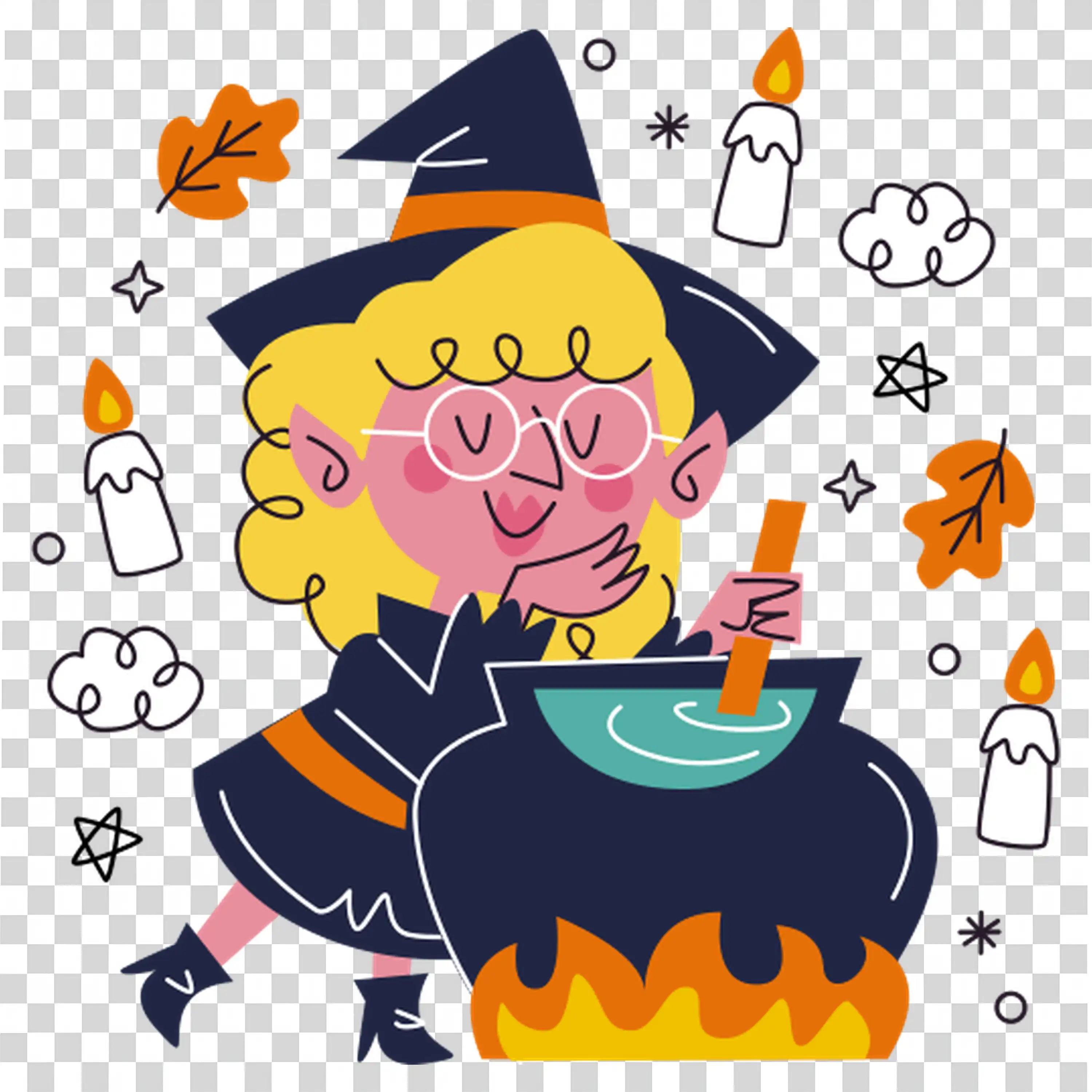 Halloween Witch Stirring Cauldron with Pumpkins and Flames