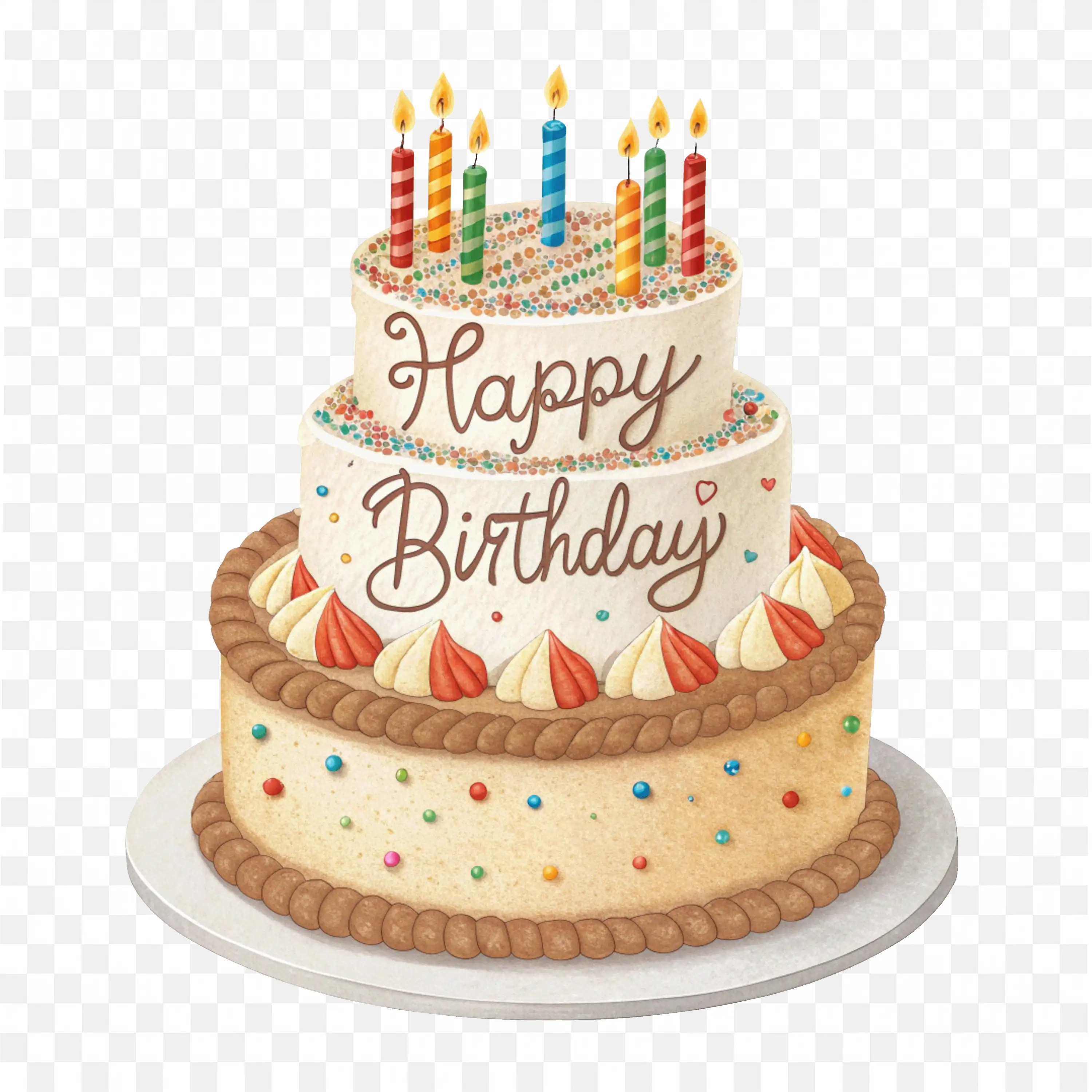 Happy Birthday Cake with Multiple Candles Celebration PNG