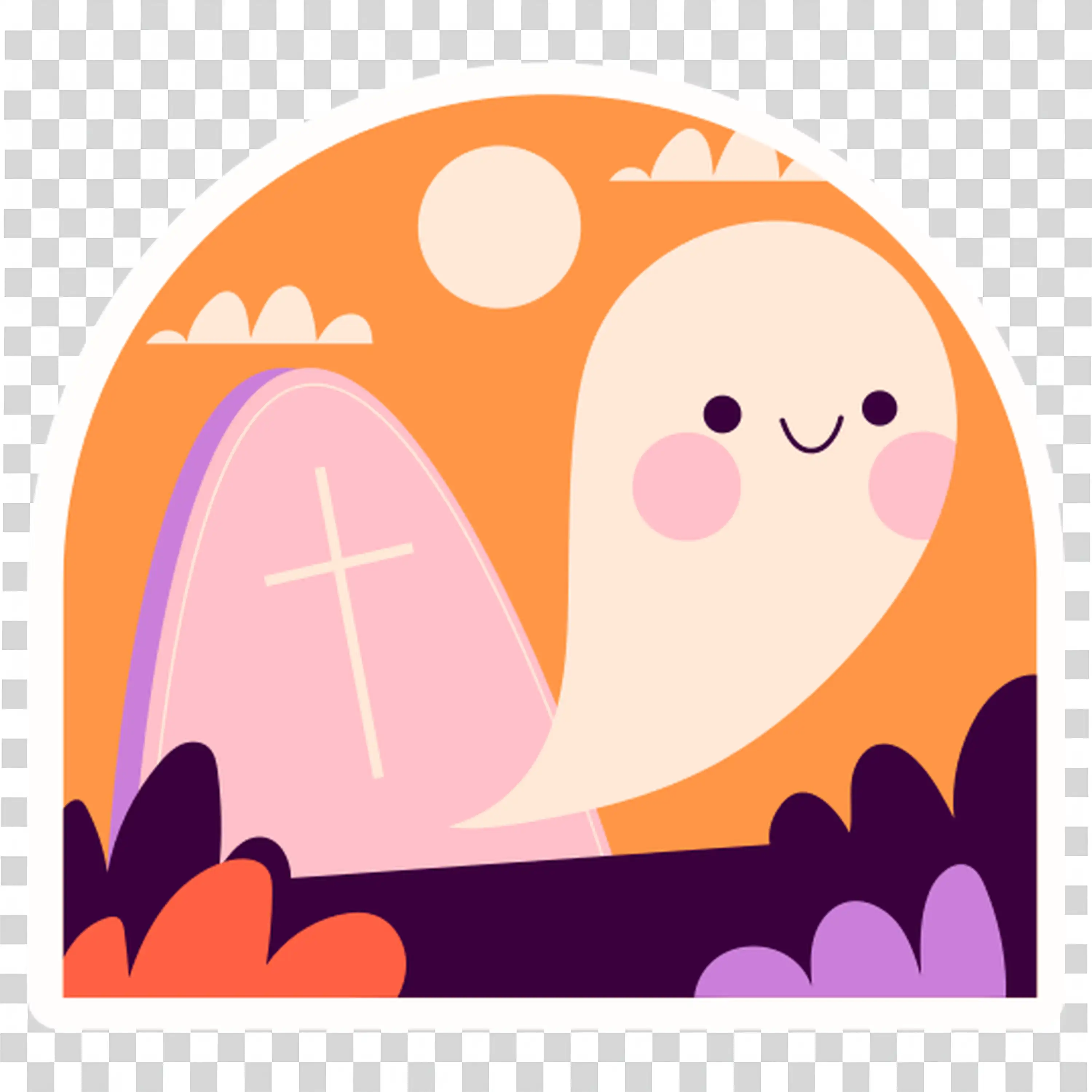 Happy Ghost Behind Gravestone Cute Halloween Graveyard Scene