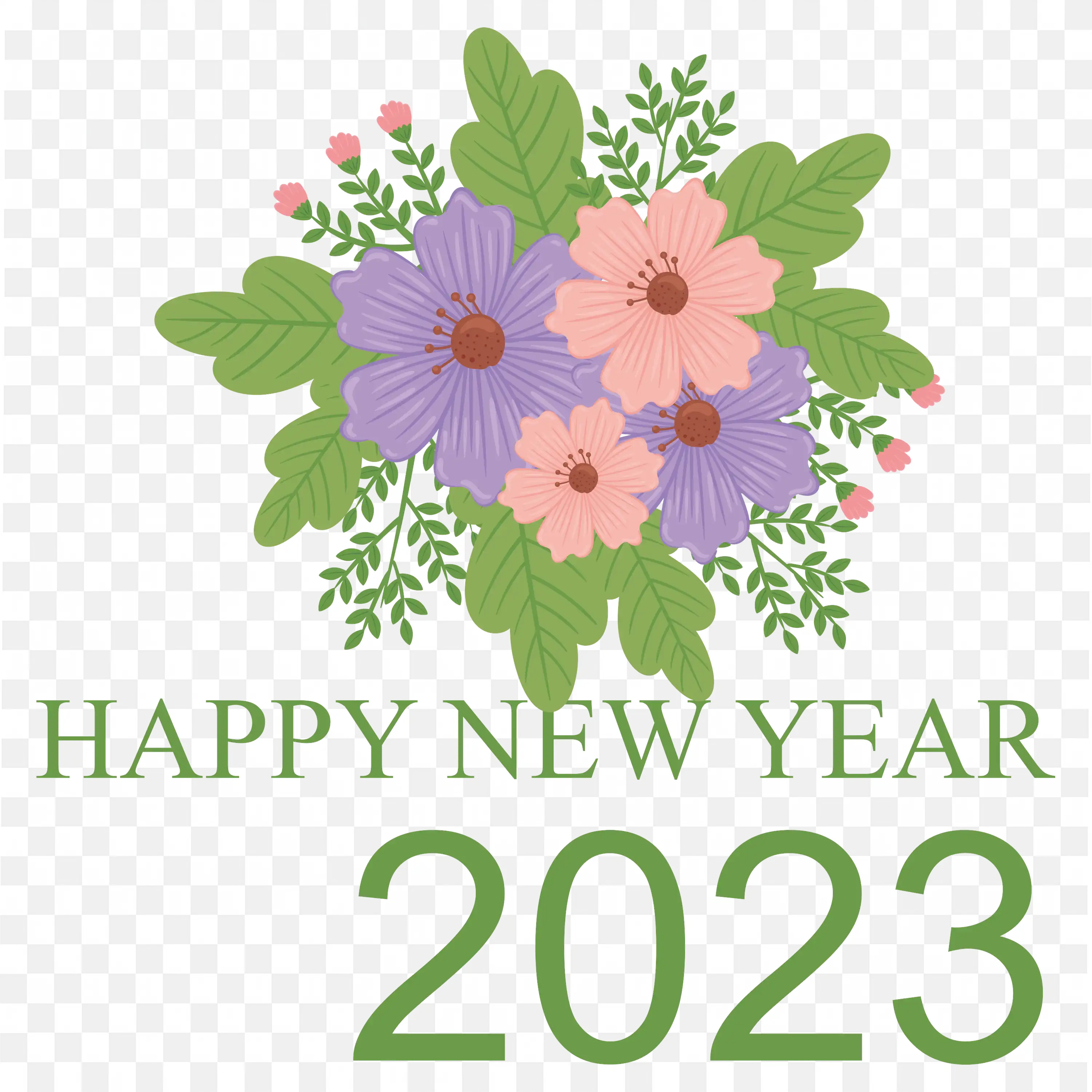 Happy New Year Flowers Green Leaves Greeting PNG
