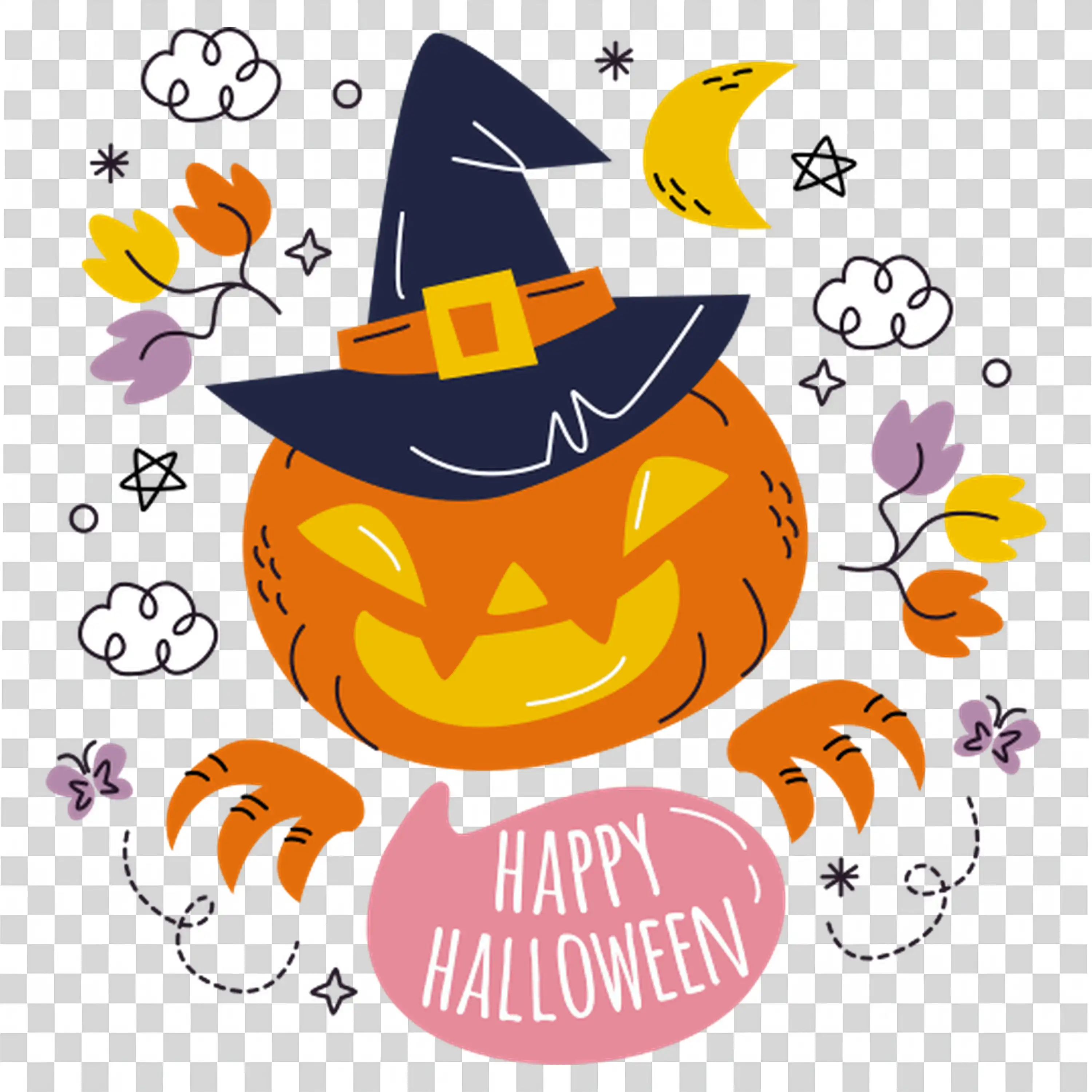 Happy Witch Hat with Stars and Halloween Greetings