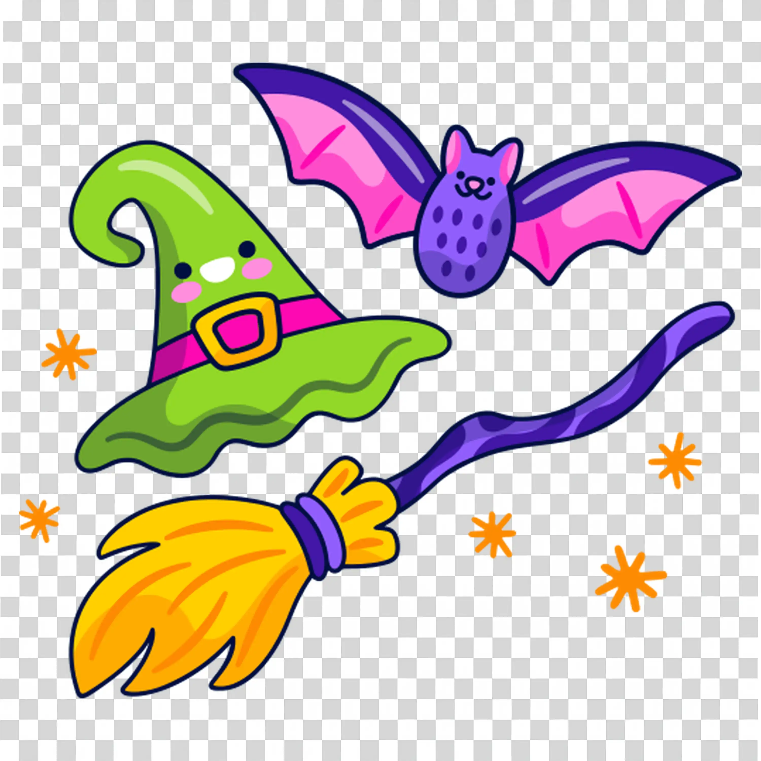 Hat Bat Candy Lollipop Broom Halloween Treats Illustration