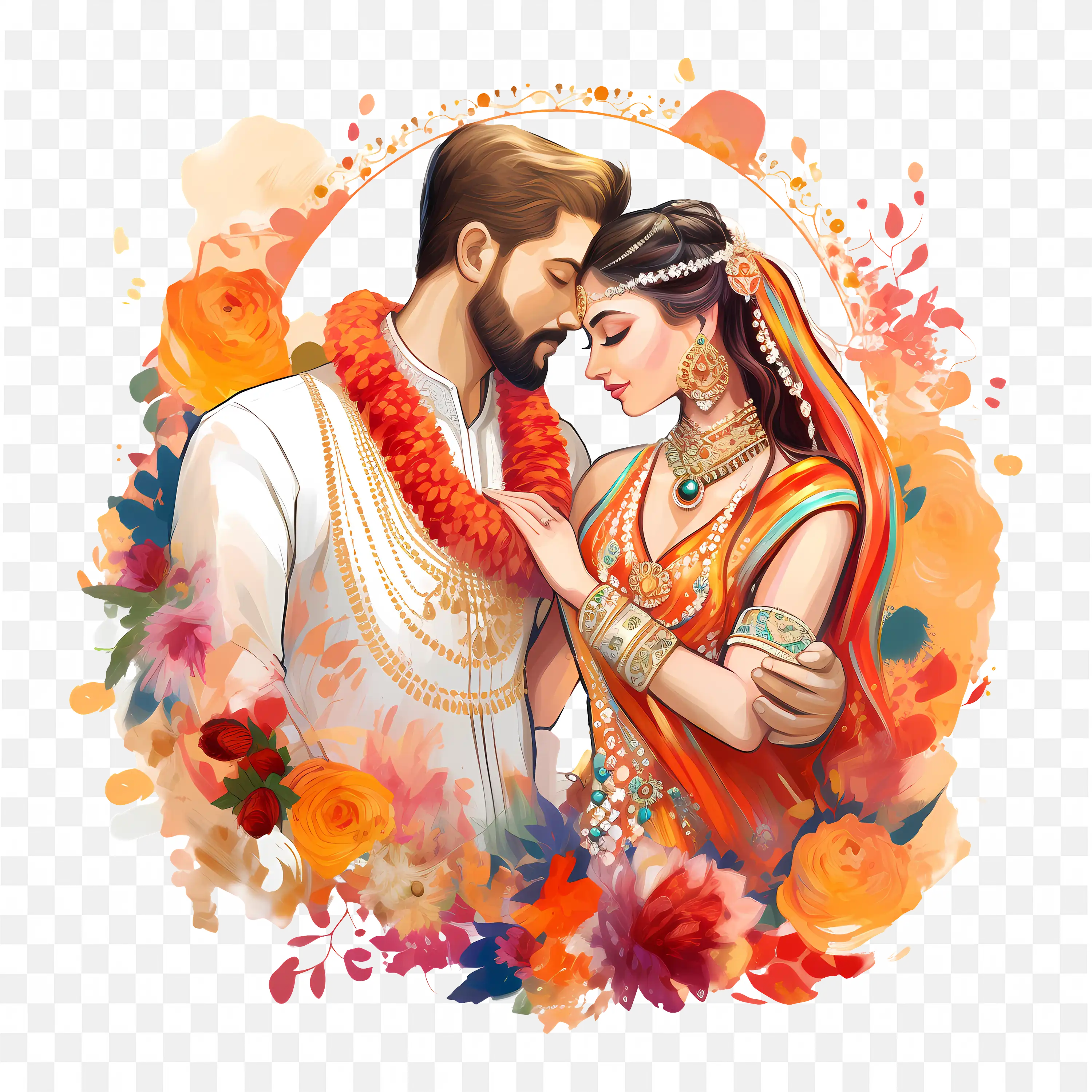 Hindu Wedding Icon Beautiful Couple Illustration for Decor