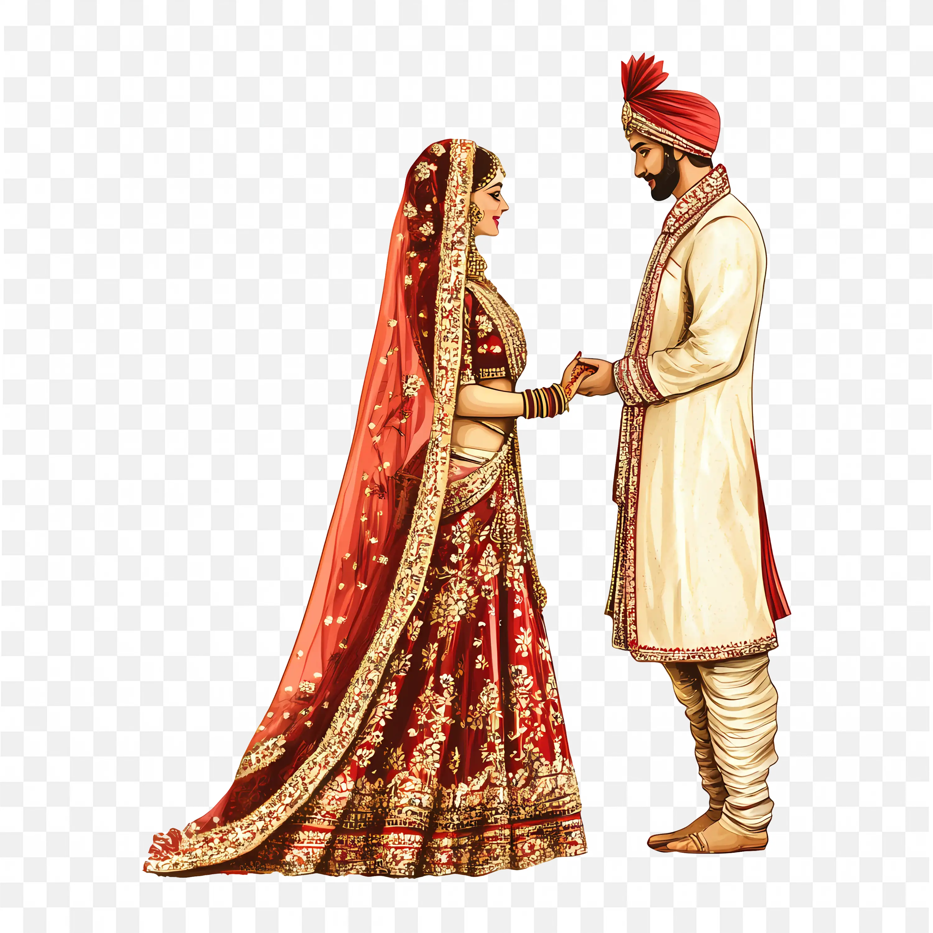 Indian Wedding Card Bride Groom Holding Hands in Traditional Dress PNG