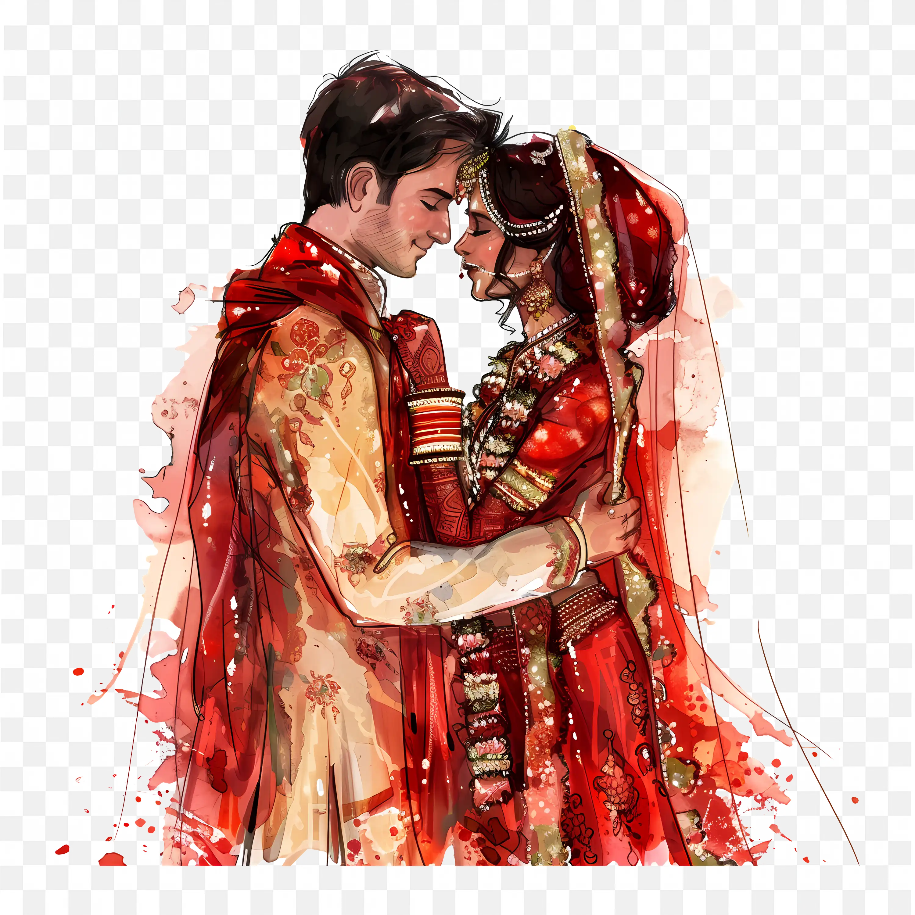 Joyful Indian Wedding Traditional Bride and Groom Couple Illustration