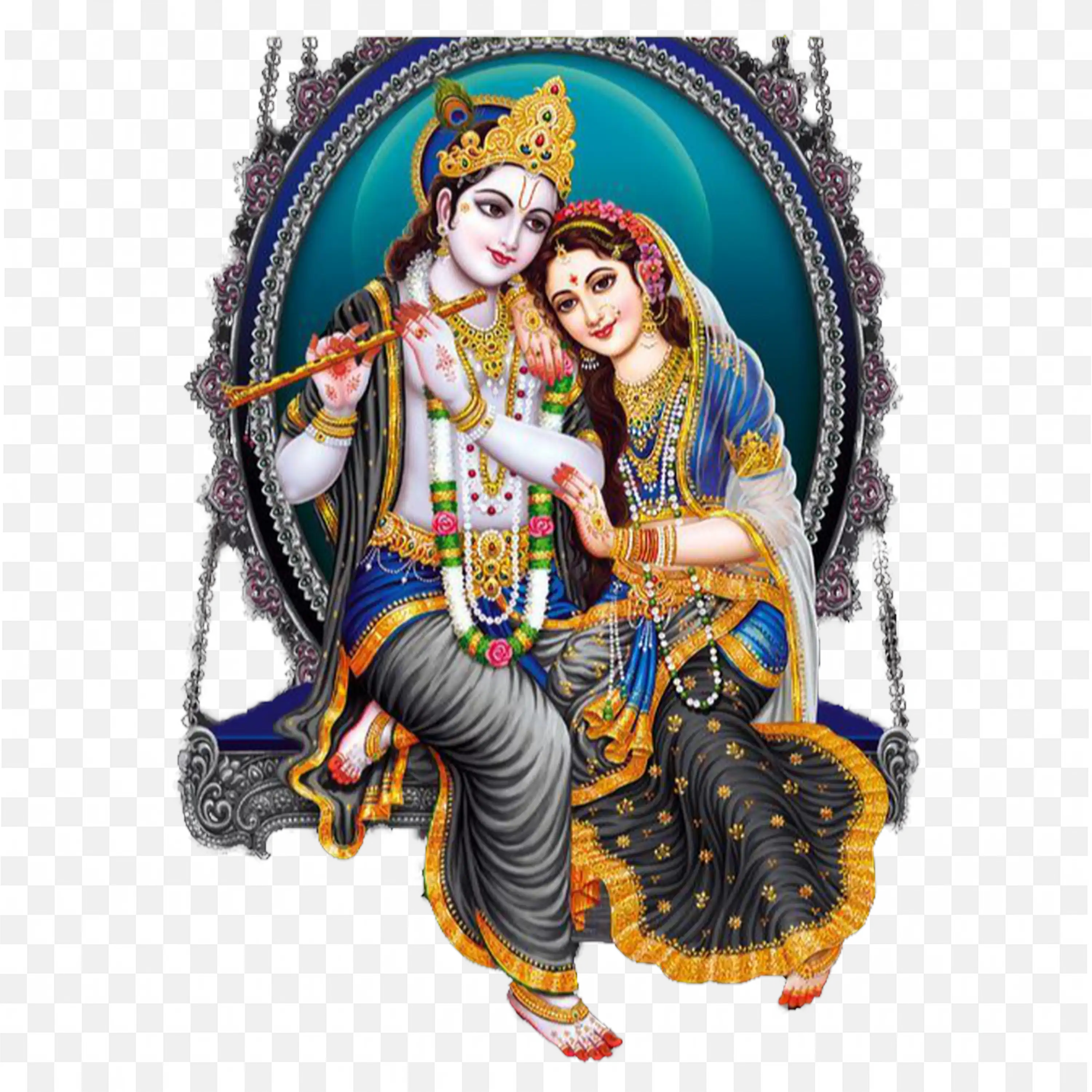 Lord Krishna Playing Flute with Cows in Traditional Background