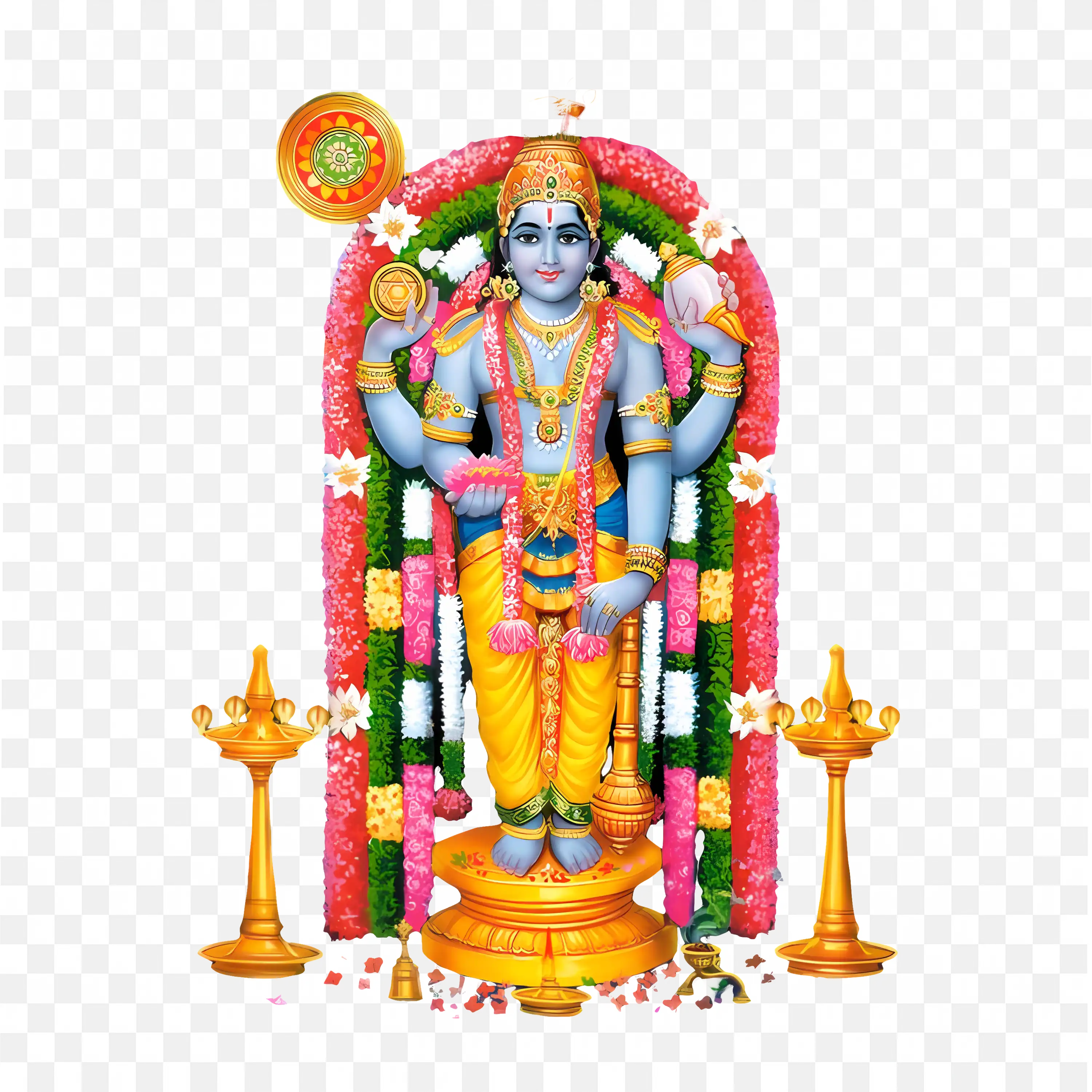 Lord Vishnu Standing with Garland Lamps Divine Hindu Deity Art