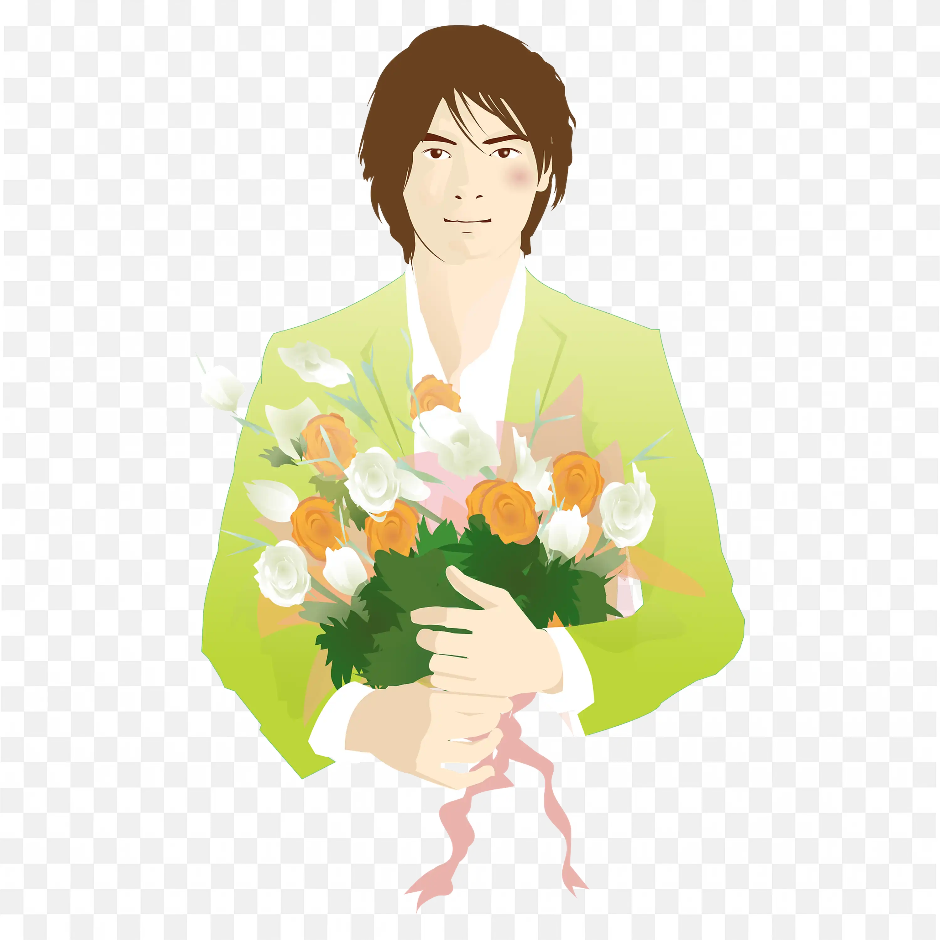 Man with Cotton Flower Bouquet Gentle Romantic Illustration