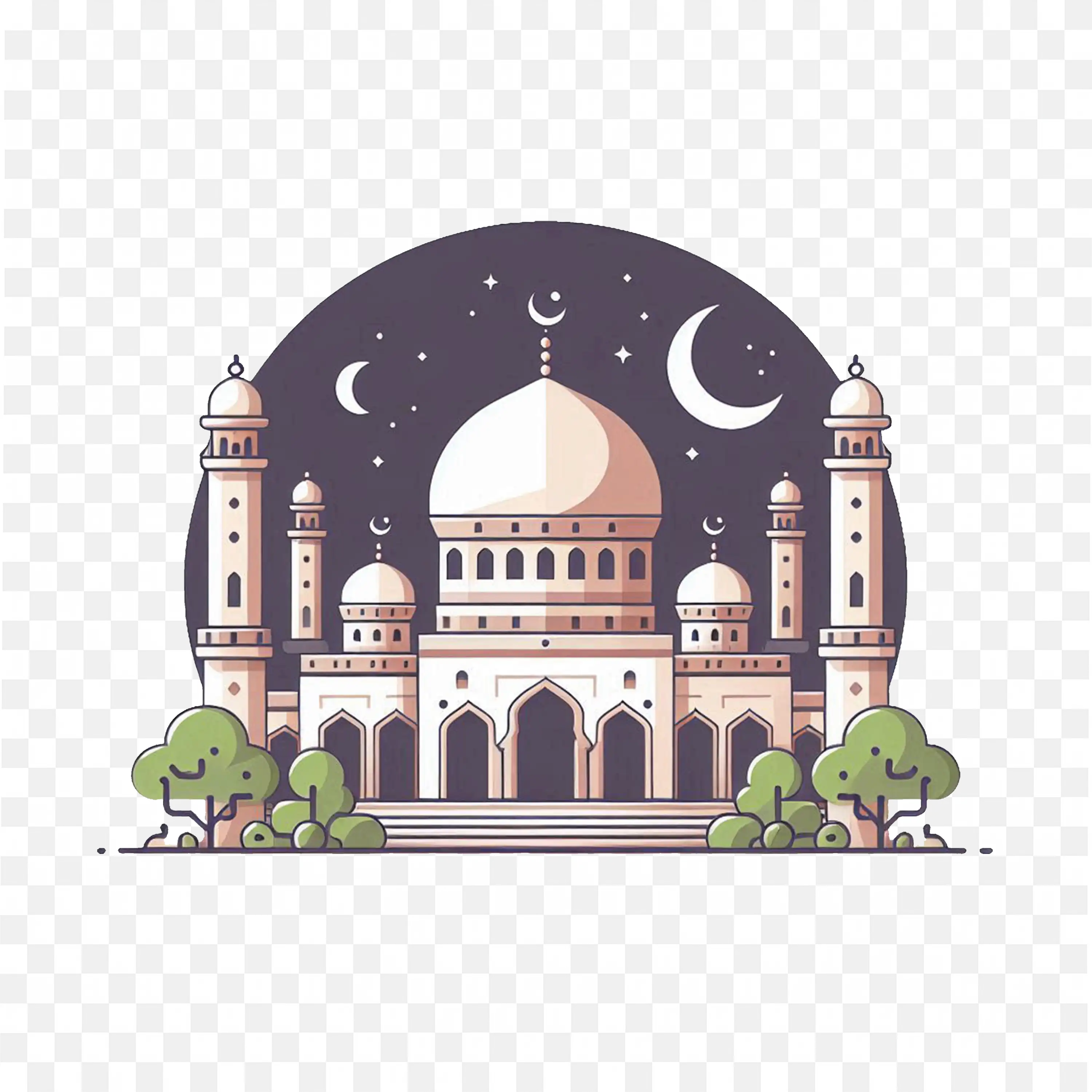 Mosque Night Sky Crescent Moon Islamic Festival Art