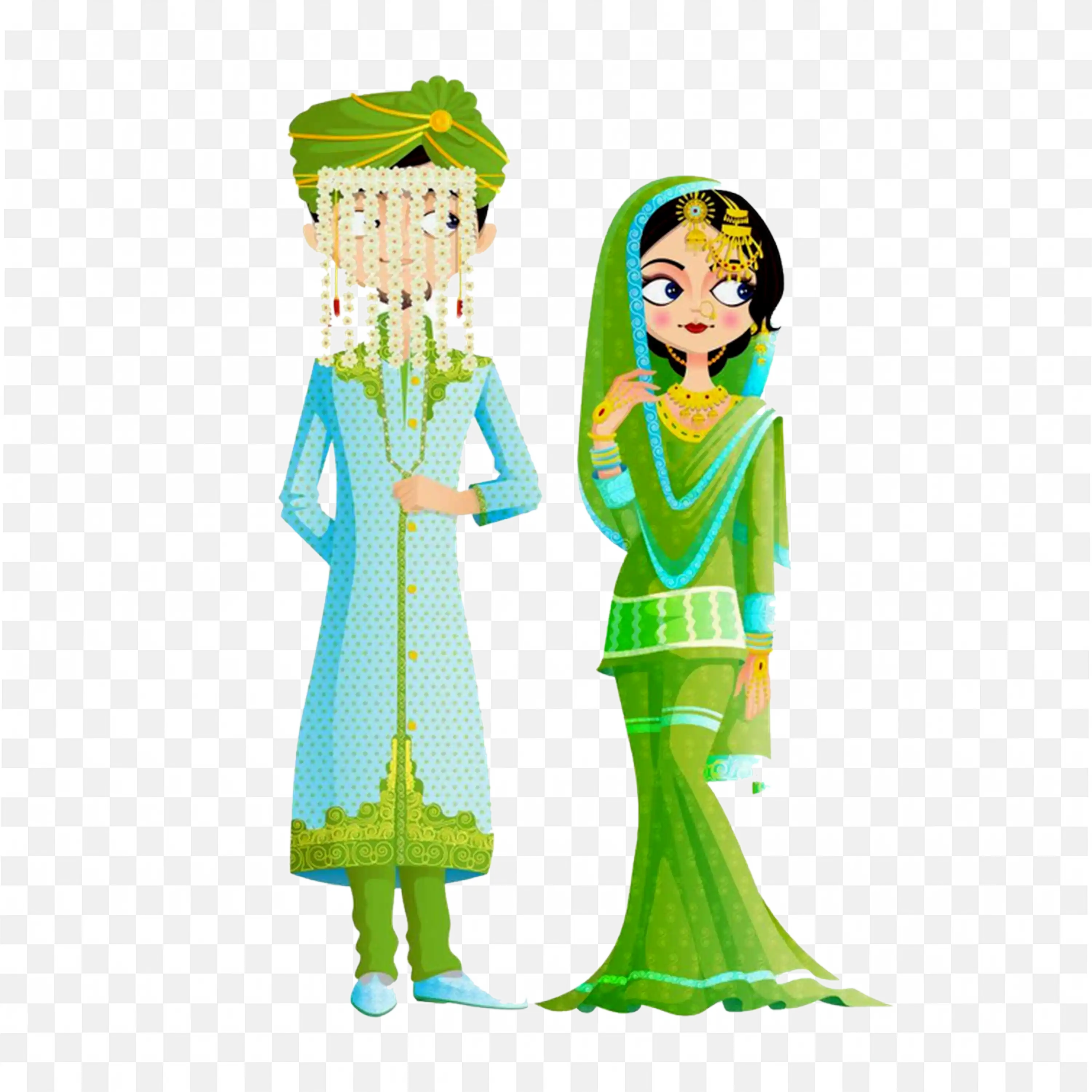 Muslim Wedding Couple Bride in Green Sharara Illustration
